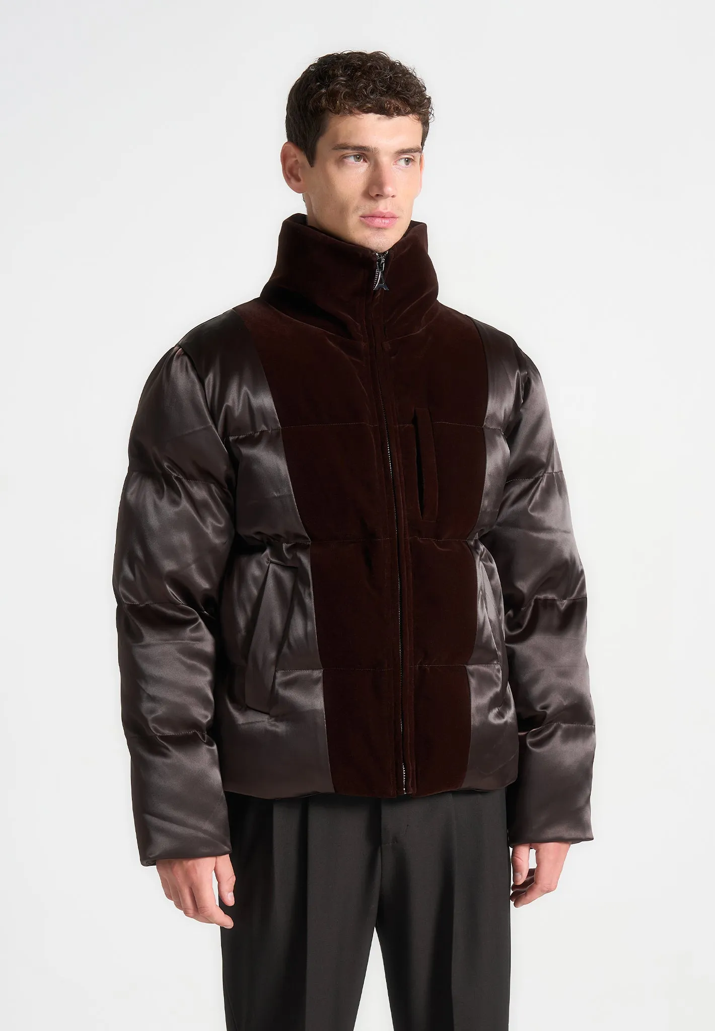 Alaric - Satin and Velvet Paneled Puffer Jacket - Brown sold by Maniere De Voir