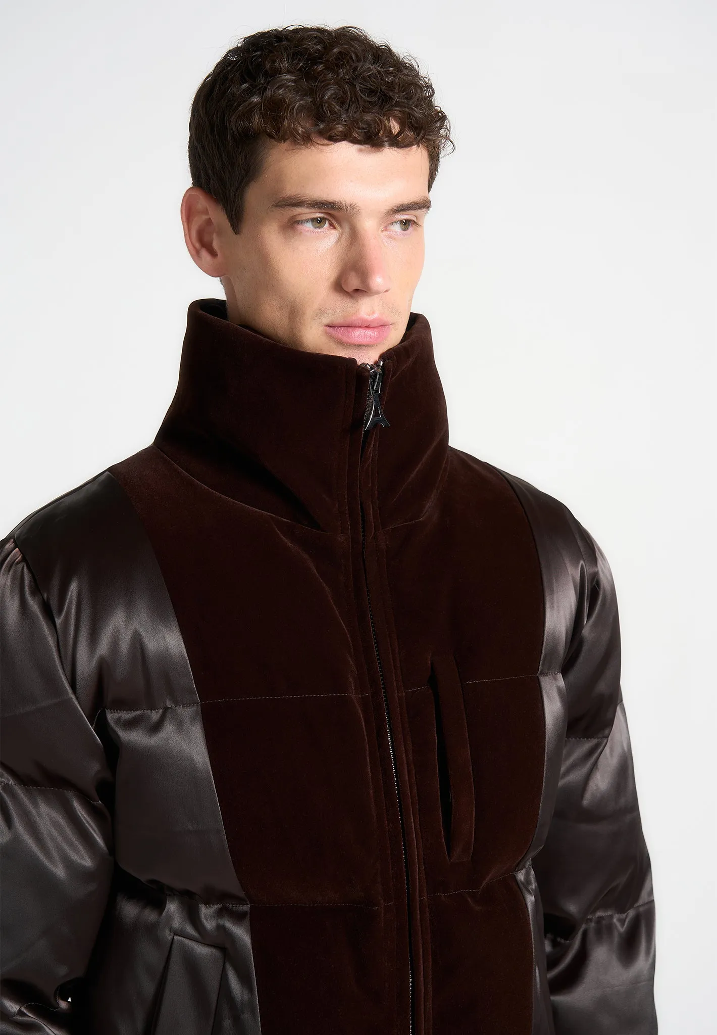 Alaric - Satin and Velvet Paneled Puffer Jacket - Brown sold by Maniere De Voir product image thumbnail 4