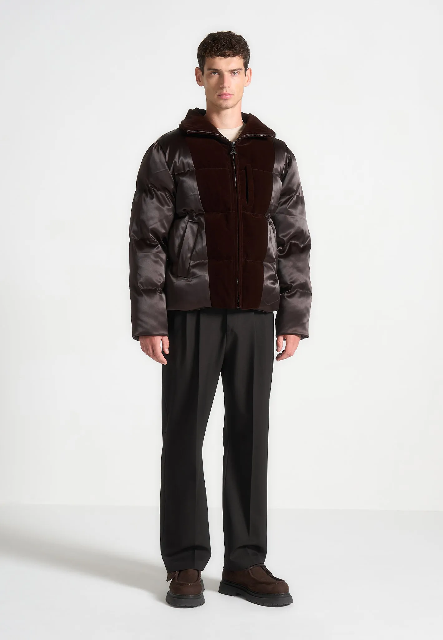 Alaric - Satin and Velvet Paneled Puffer Jacket - Brown sold by Maniere De Voir product image thumbnail 2