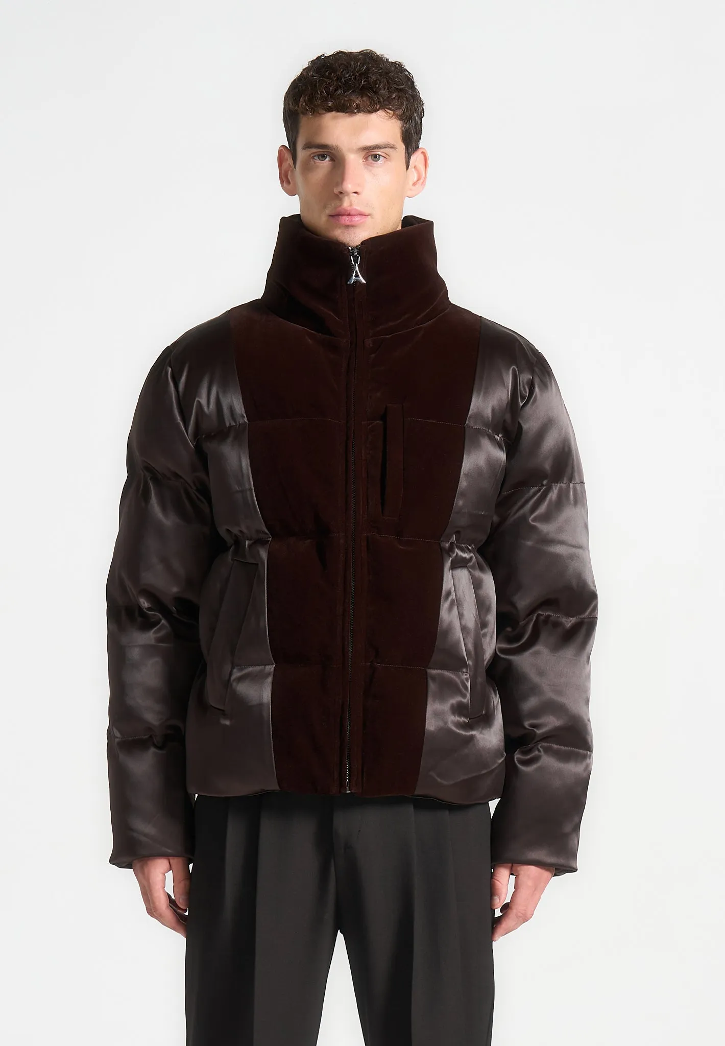 Alaric - Satin and Velvet Paneled Puffer Jacket - Brown sold by Maniere De Voir product image thumbnail 3