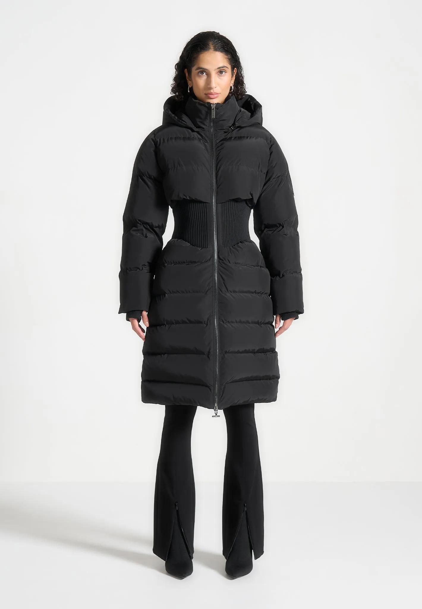 Corset Detail Longline Puffer Coat - Black sold by Maniere De Voir