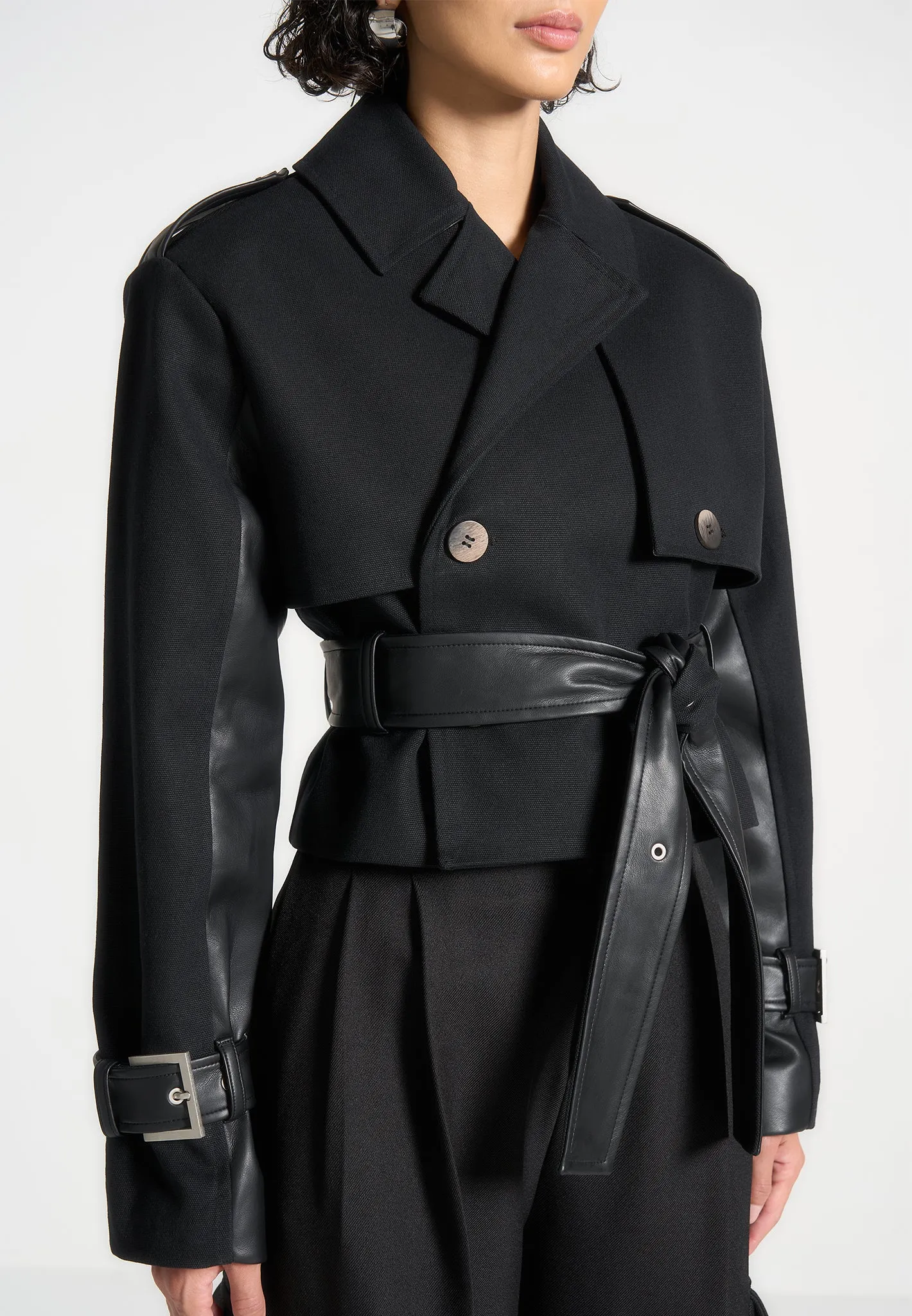 Cropped Trench Coat with Belt - Black sold by Maniere De Voir product image thumbnail 3