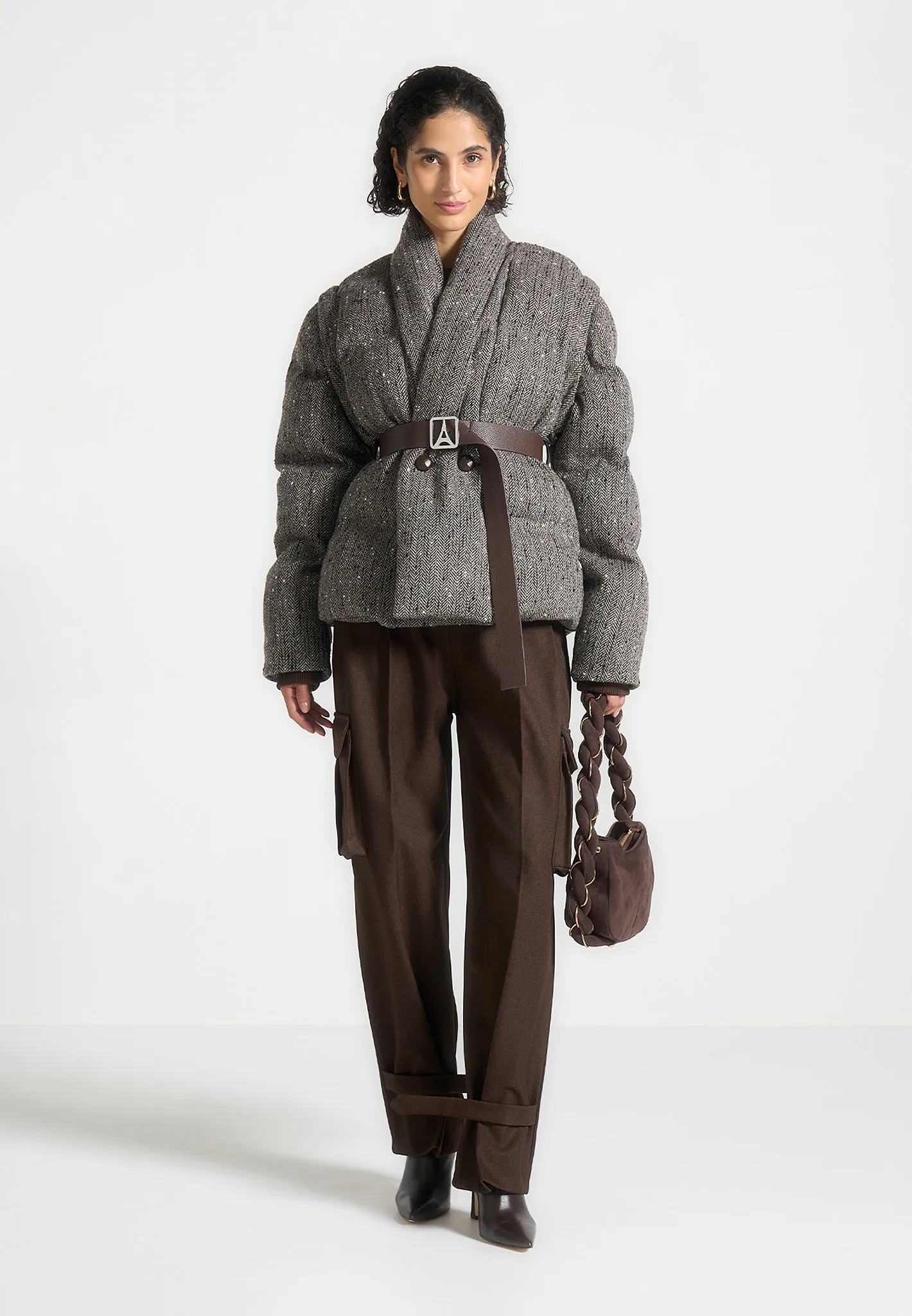 Herringbone Wrap Belted Puffer Jacket - Brown sold by Maniere De Voir product image thumbnail 4