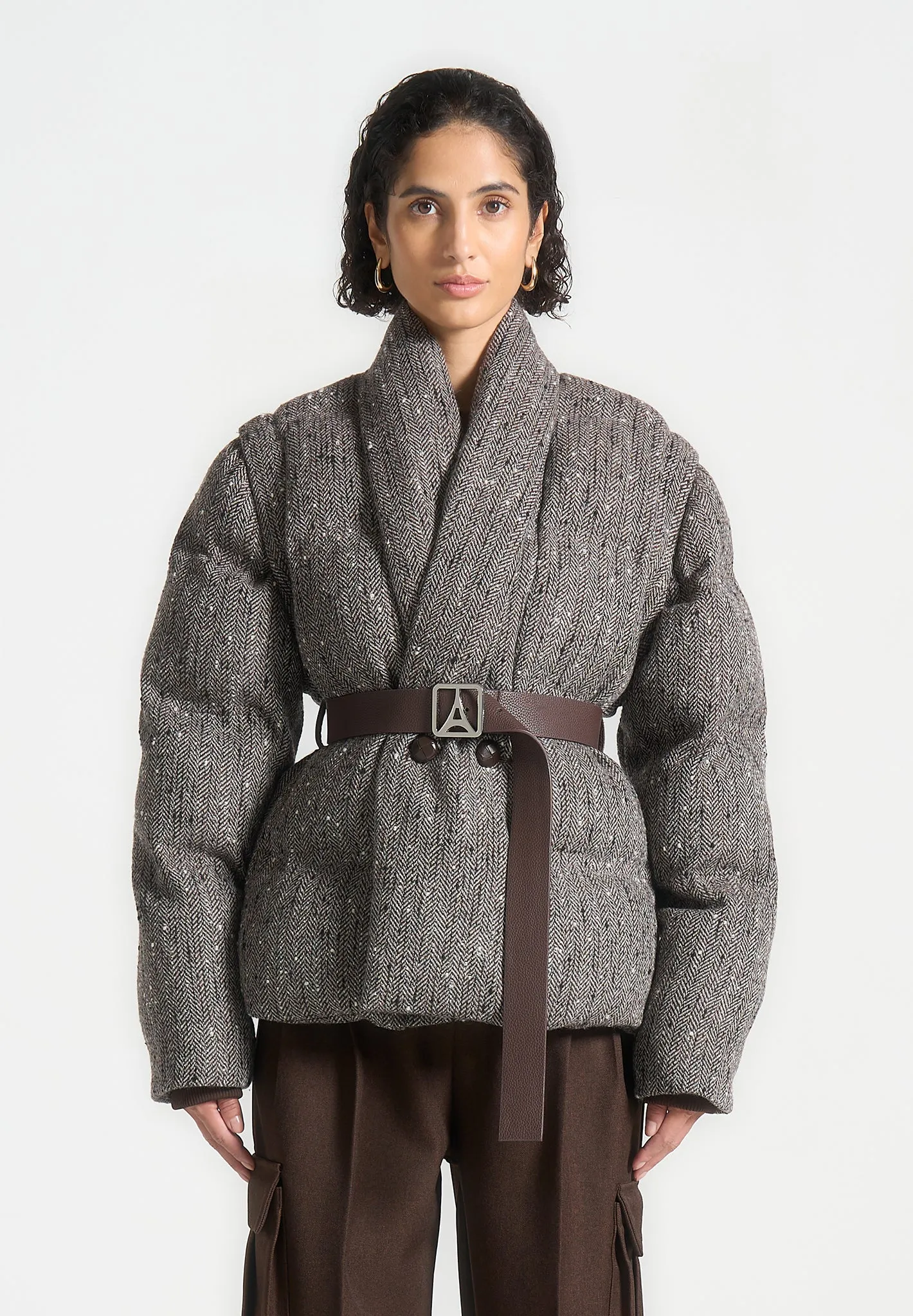 Herringbone Wrap Belted Puffer Jacket - Brown sold by Maniere De Voir product image thumbnail 3