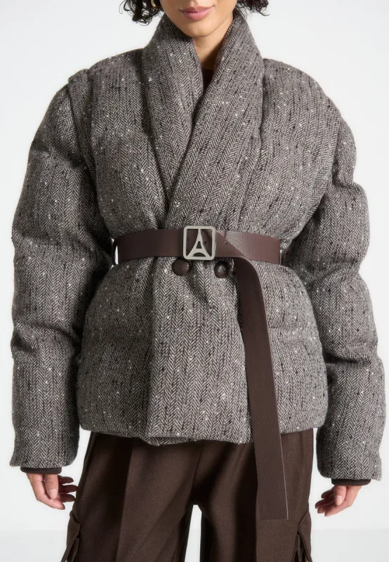 Herringbone Wrap Belted Puffer Jacket - Brown sold by Maniere De Voir