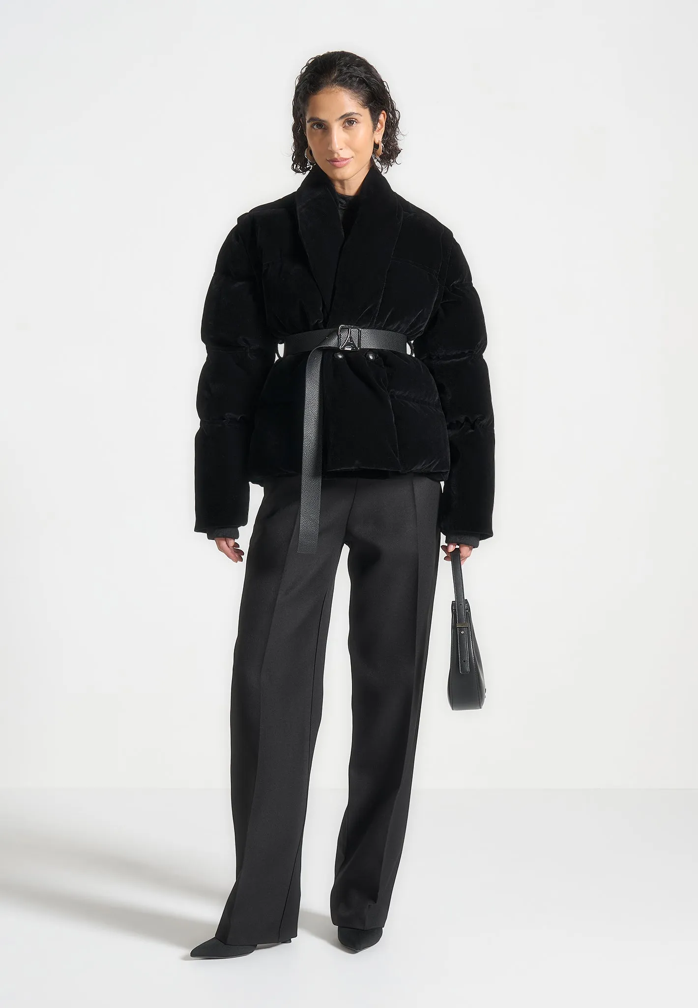 Velvet Wrap Belted Puffer Jacket - Black sold by Maniere De Voir product image thumbnail 3