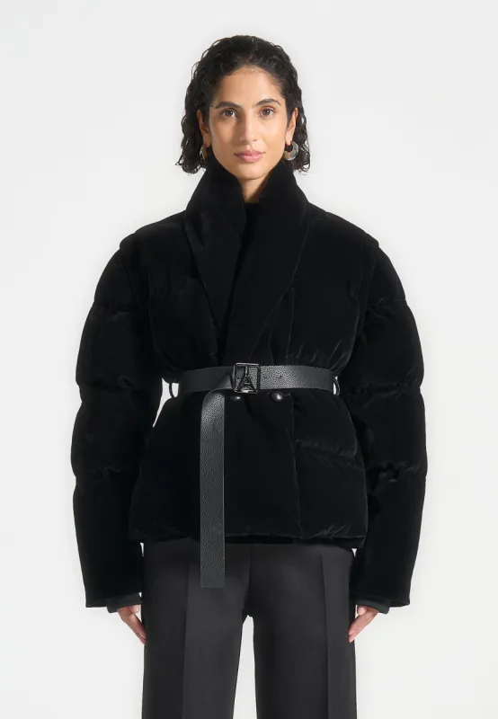 Velvet Wrap Belted Puffer Jacket - Black sold by Maniere De Voir