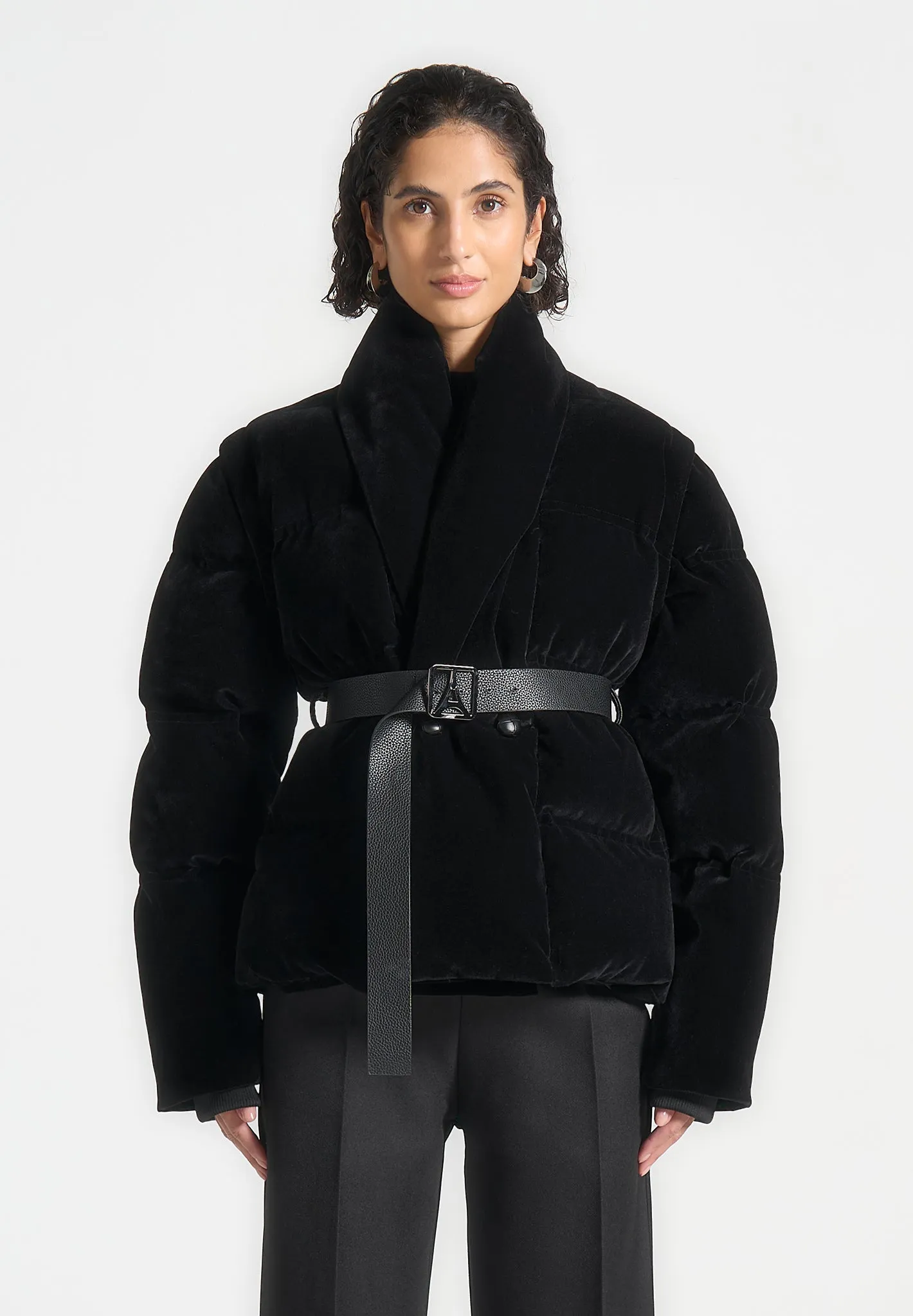 Velvet Wrap Belted Puffer Jacket - Black sold by Maniere De Voir