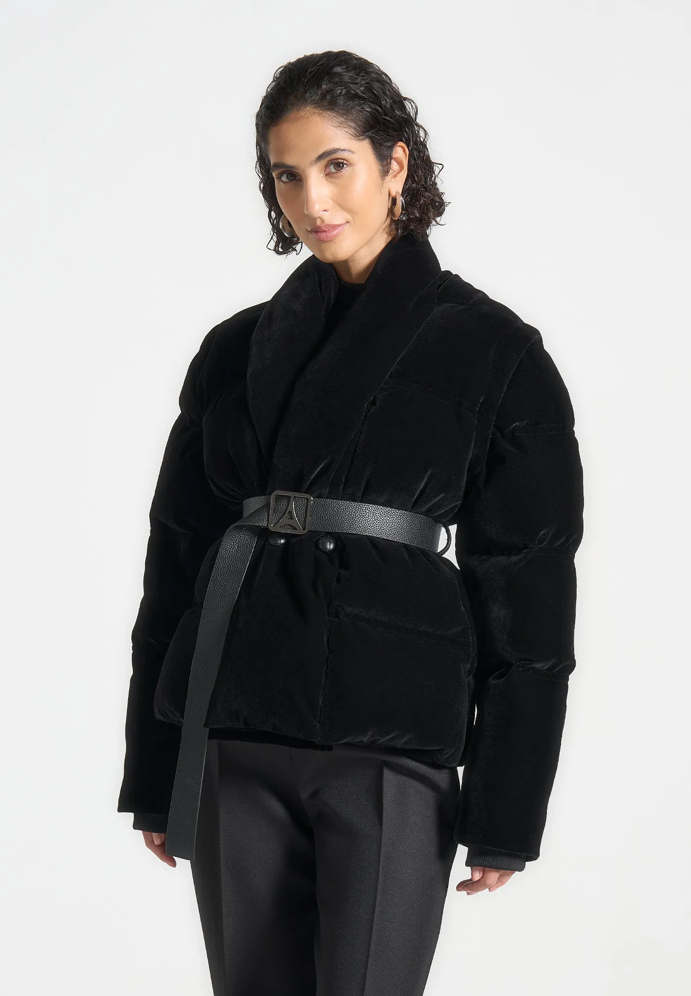 Velvet Wrap Belted Puffer Jacket - Black sold by Maniere De Voir product image thumbnail 4