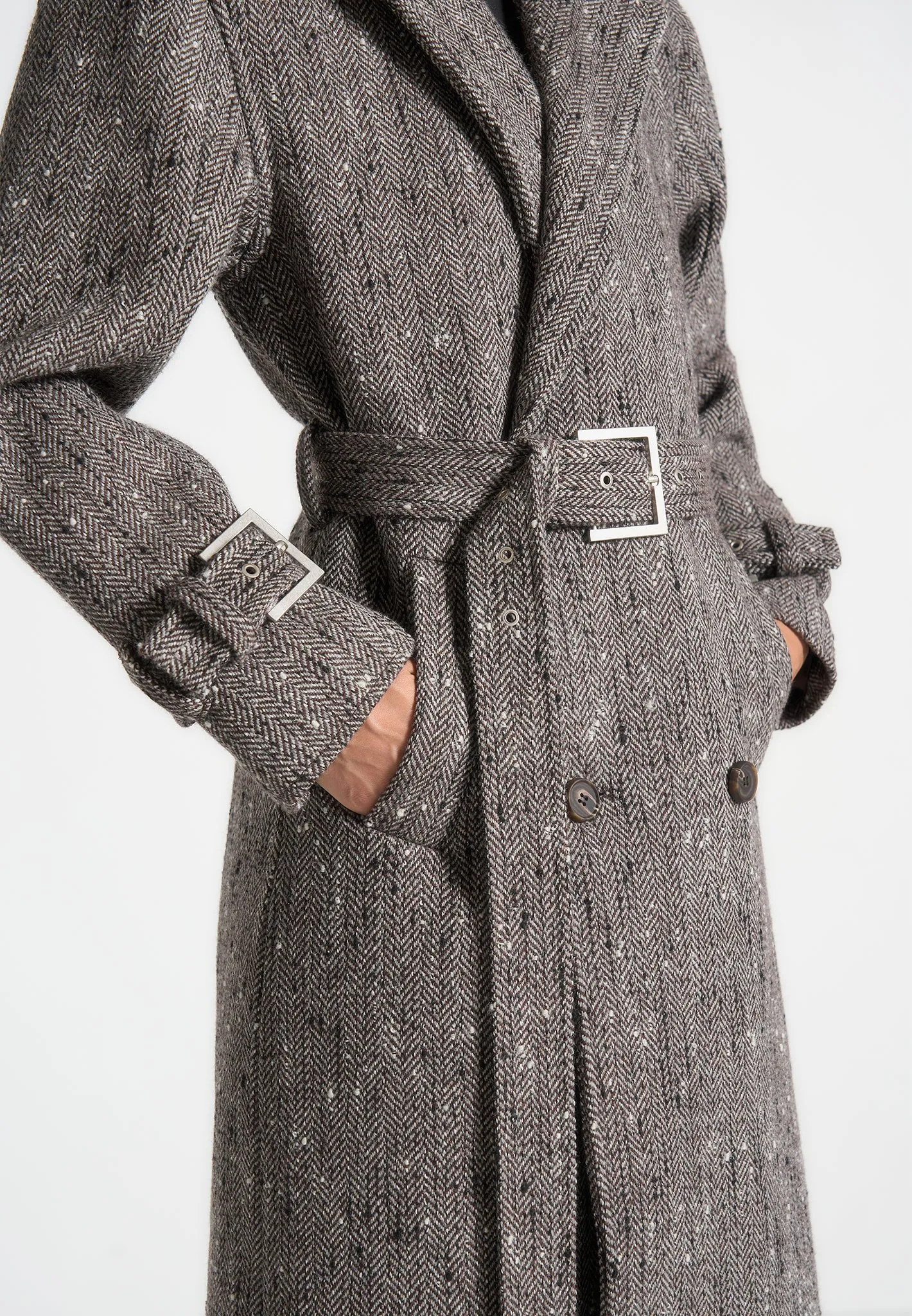 Herringbone Wool Trench Coat with Scarf - Brown sold by Maniere De Voir product image thumbnail 4