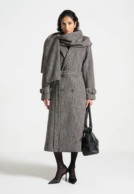Herringbone Wool Trench Coat with Scarf - Brown sold by Maniere De Voir