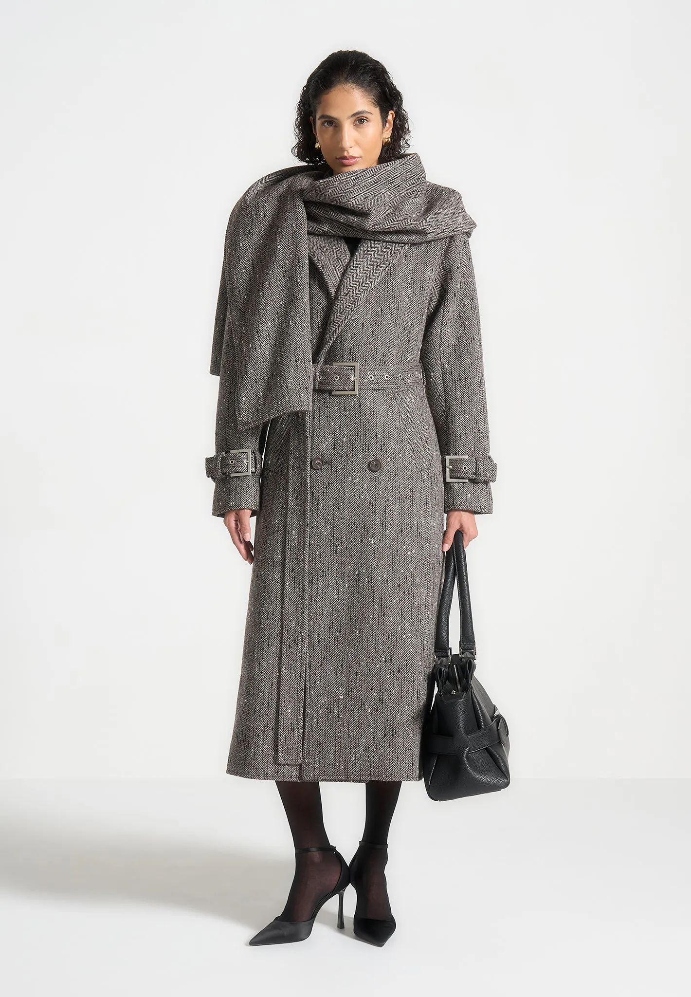 Herringbone Wool Trench Coat with Scarf - Brown sold by Maniere De Voir