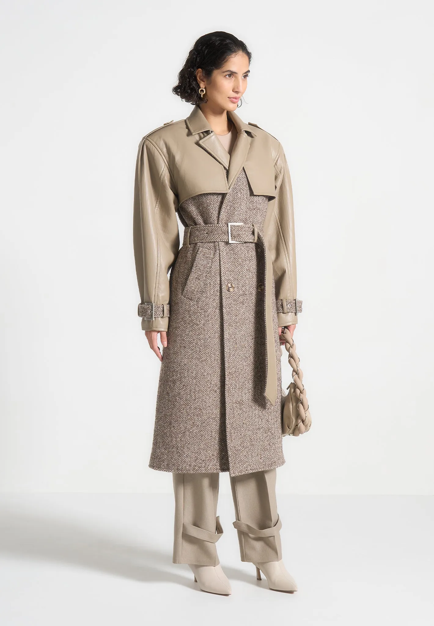 Herringbone & Leather Trench Coat - Taupe sold by Maniere De Voir