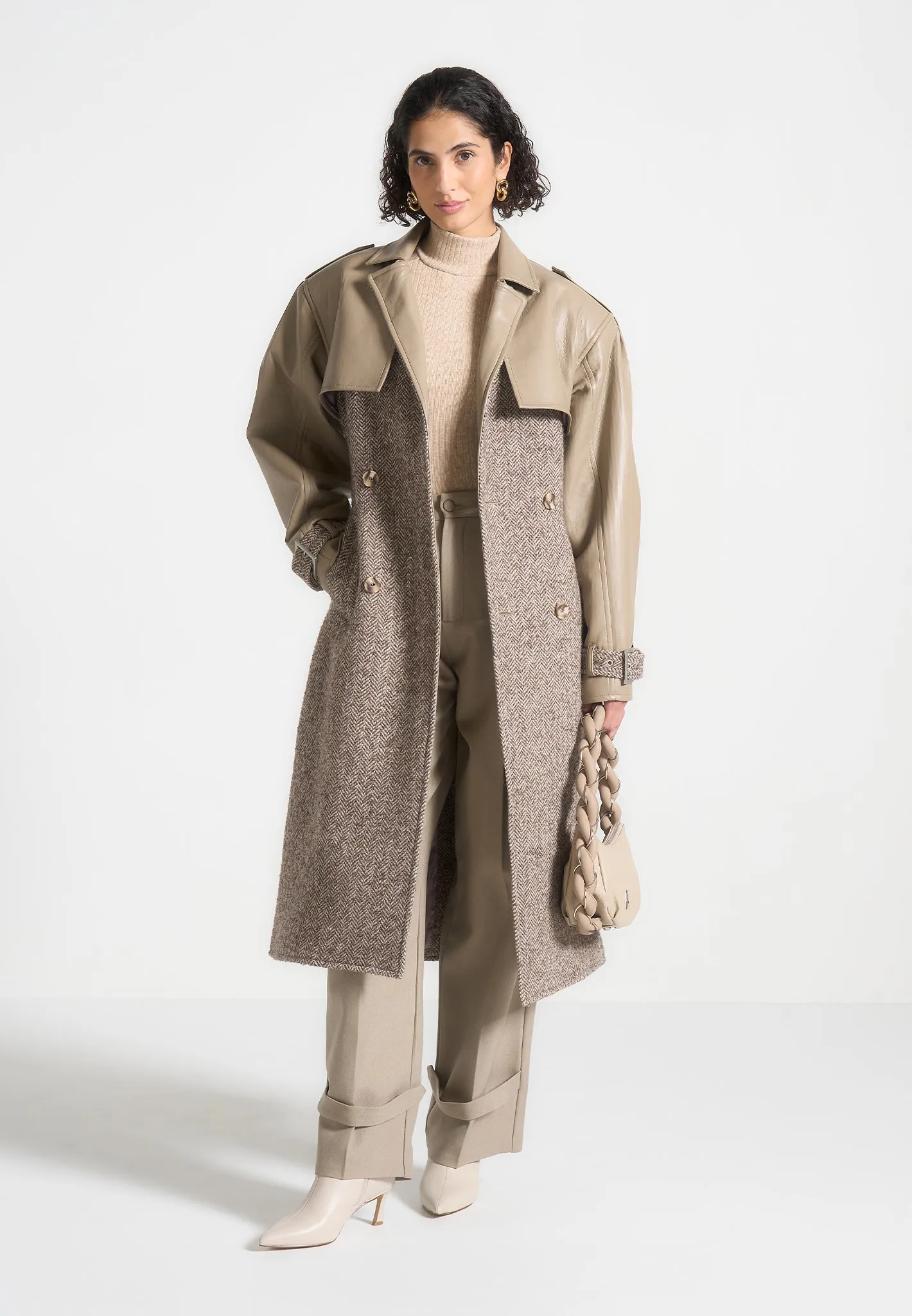 Herringbone & Leather Trench Coat - Taupe sold by Maniere De Voir product image thumbnail 3