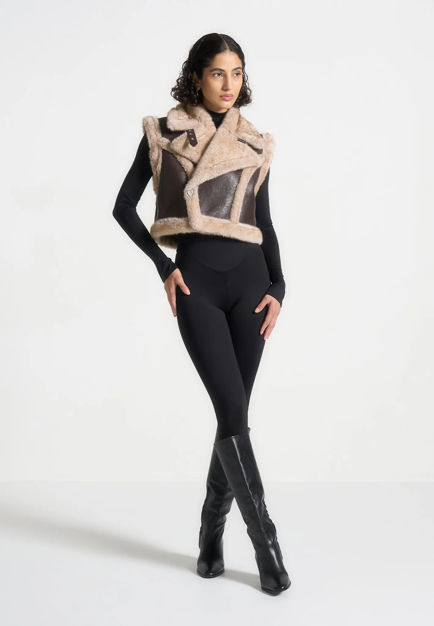 Cracked Leather & Plush 2-in-1 Gilet Jacket - Brown sold by Maniere De Voir product image thumbnail 2