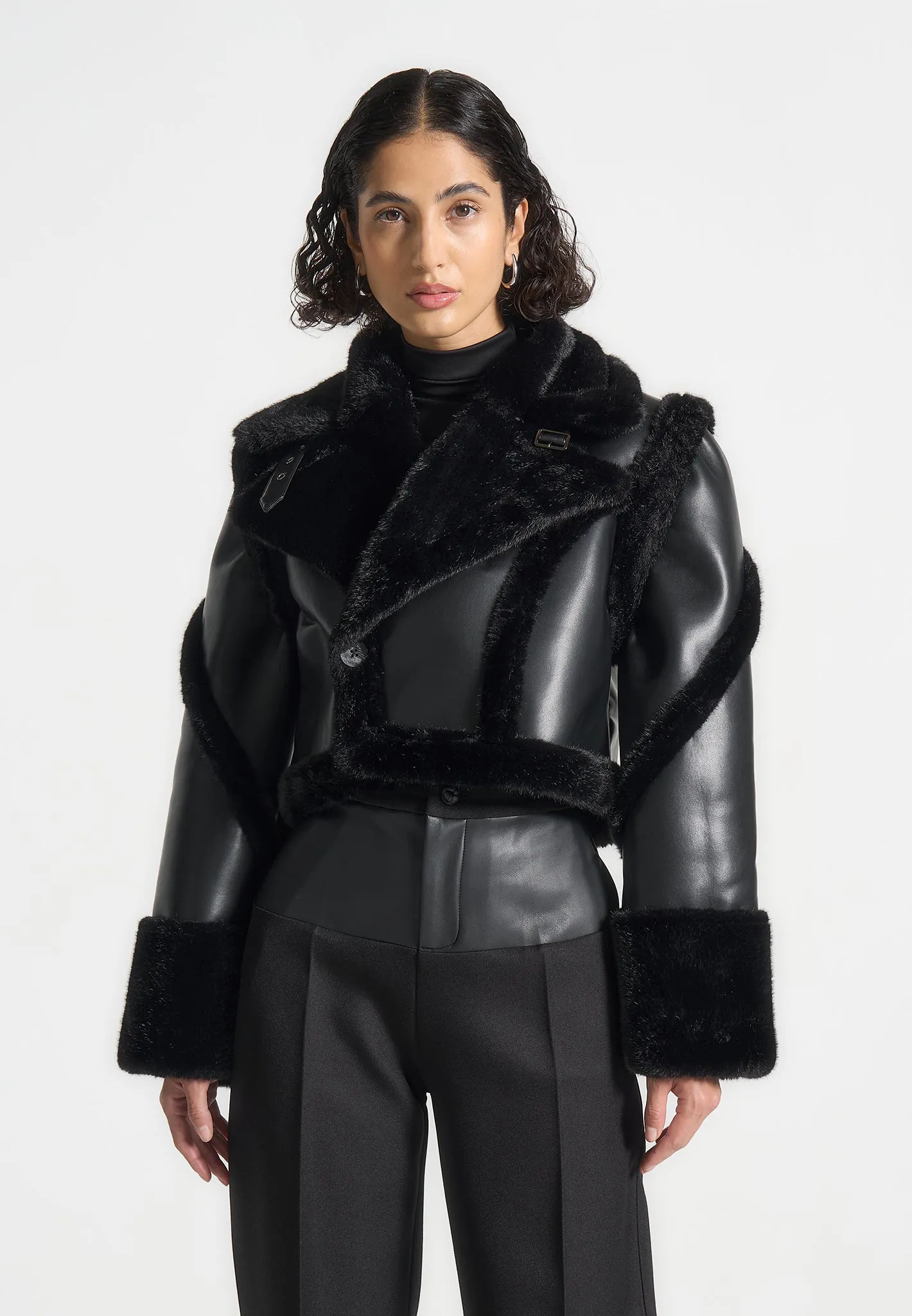 Leather & Plush 2-in-1 Gilet Jacket - Black sold by Maniere De Voir product image thumbnail 4