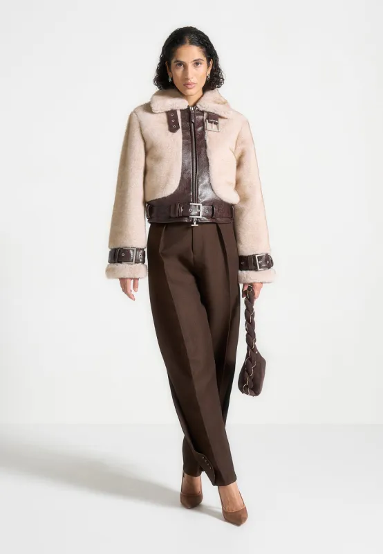 Plush & Leather Belted Jacket - Beige/Brown sold by Maniere De Voir