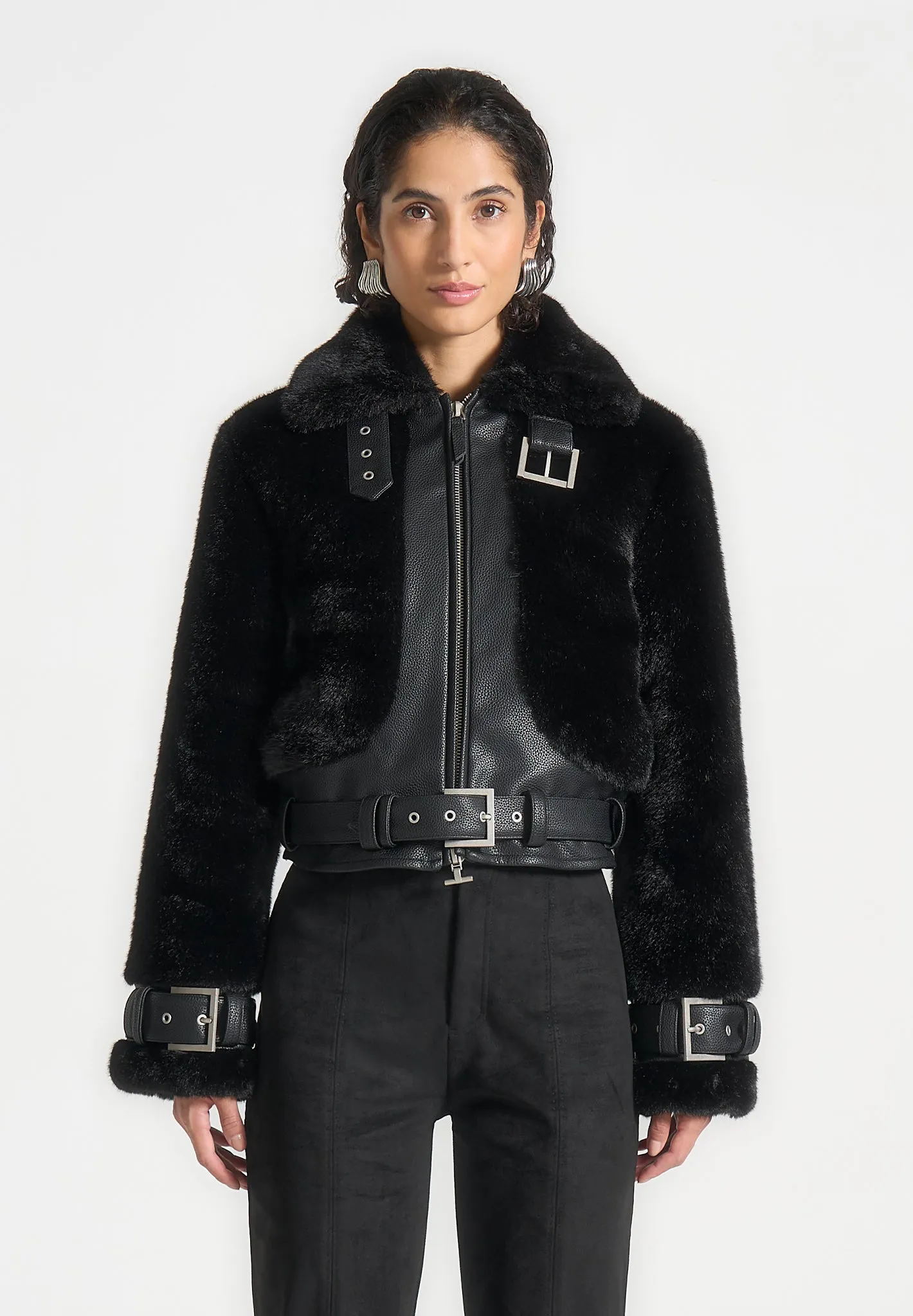 Plush & Leather Belted Jacket - Black sold by Maniere De Voir