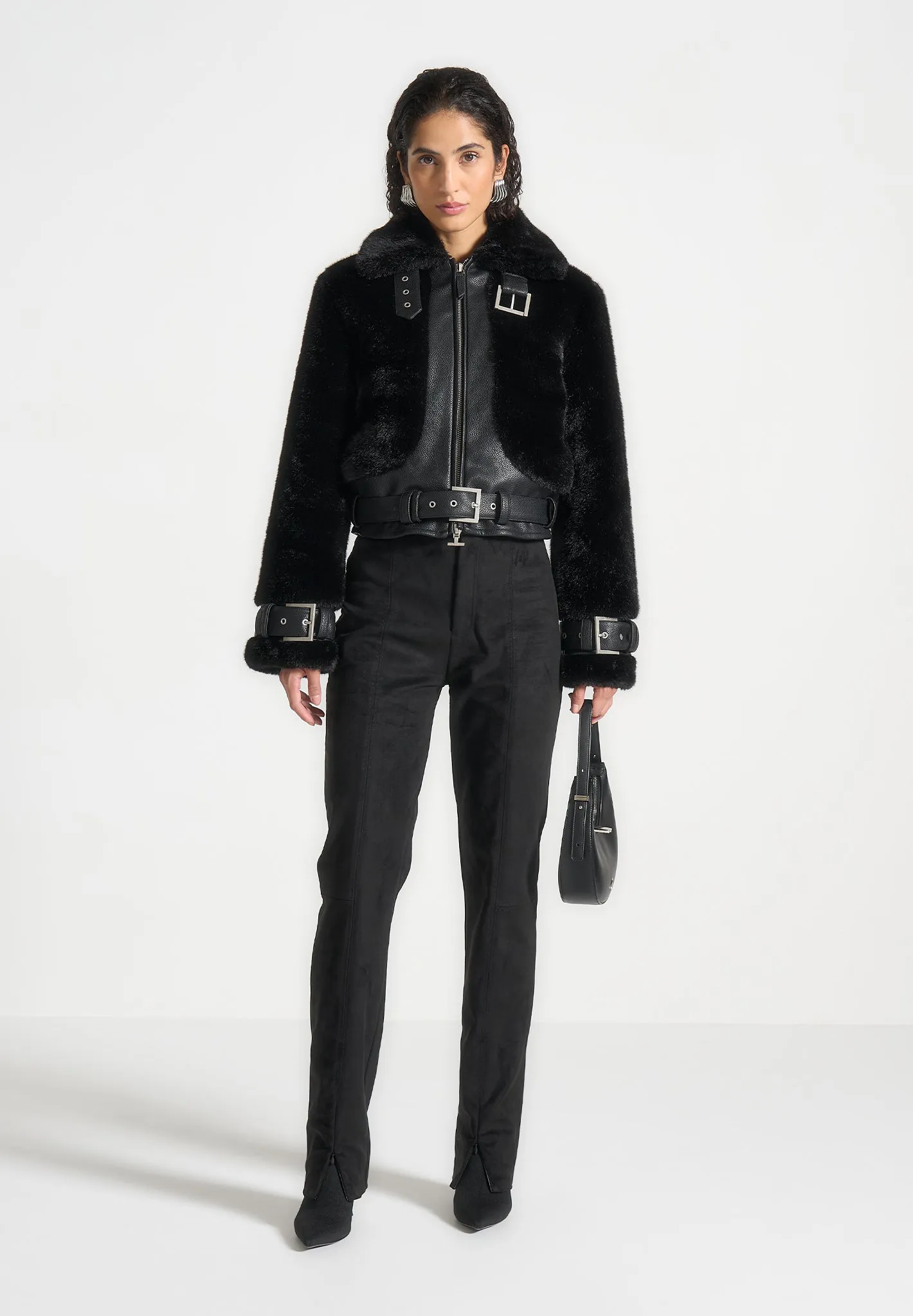 Plush & Leather Belted Jacket - Black sold by Maniere De Voir product image thumbnail 2