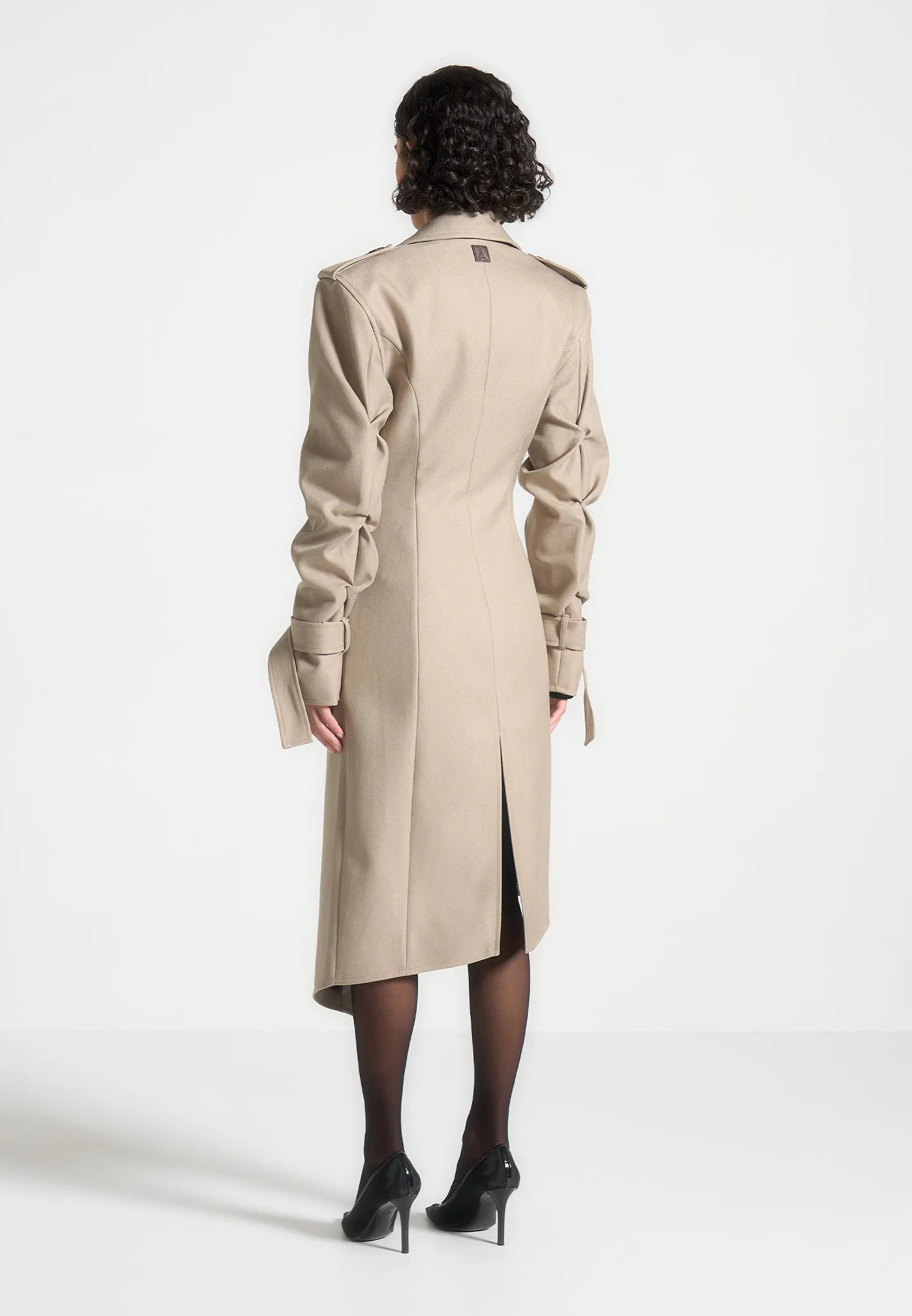 Joana - Tacked Sleeve Asymmetric Tailored Trench Coat - Beige sold by Maniere De Voir product image thumbnail 5
