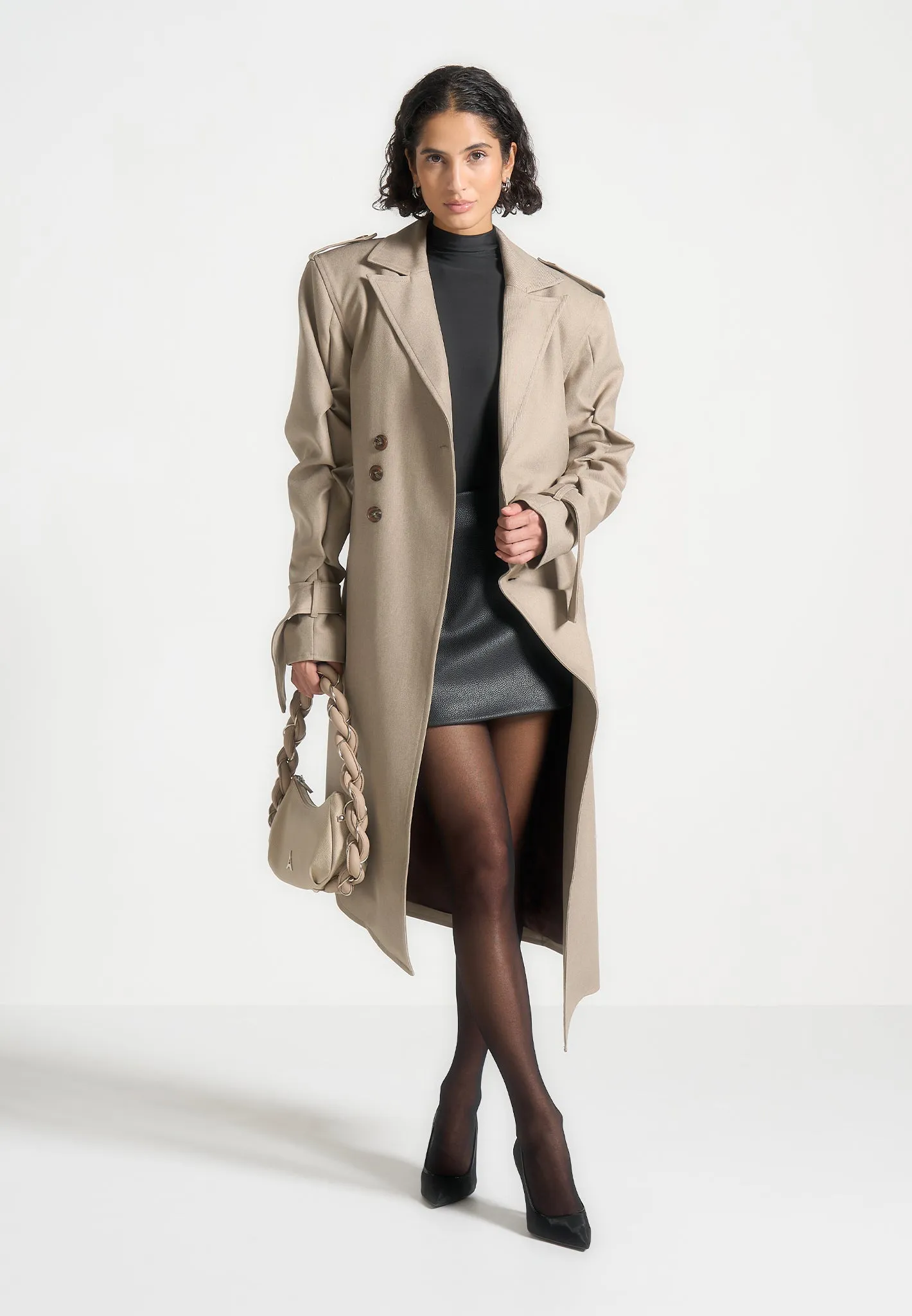 Joana - Tacked Sleeve Asymmetric Tailored Trench Coat - Beige sold by Maniere De Voir product image thumbnail 3