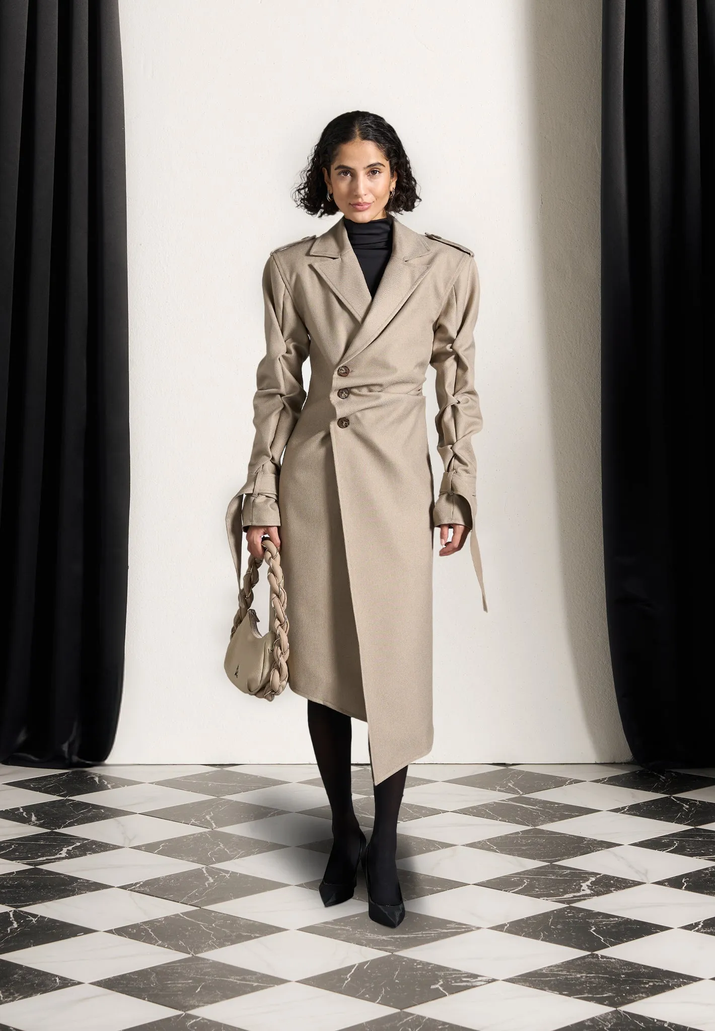 Joana - Tacked Sleeve Asymmetric Tailored Trench Coat - Beige sold by Maniere De Voir