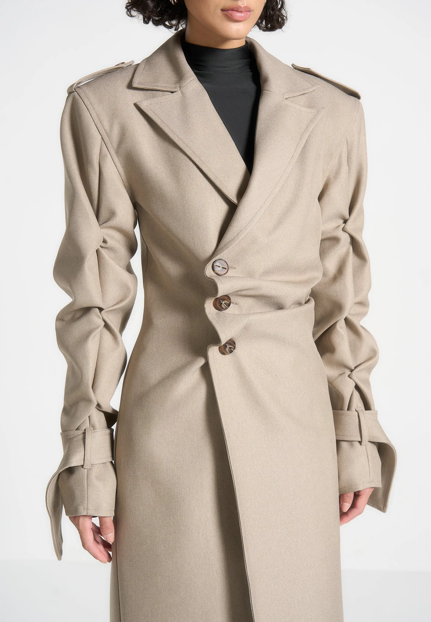 Joana - Tacked Sleeve Asymmetric Tailored Trench Coat - Beige sold by Maniere De Voir product image thumbnail 2