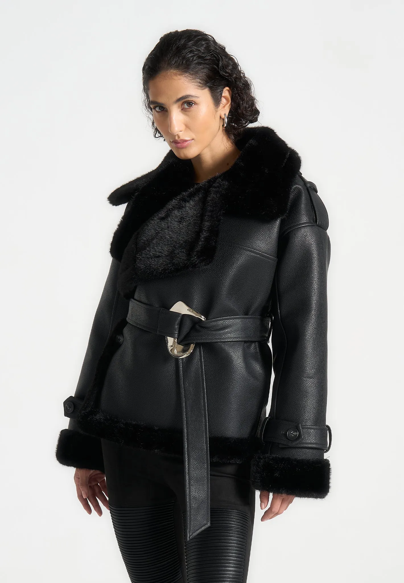 Charlene - Leather and Plush Wrap Belted Jacket - Black sold by Maniere De Voir product image thumbnail 3