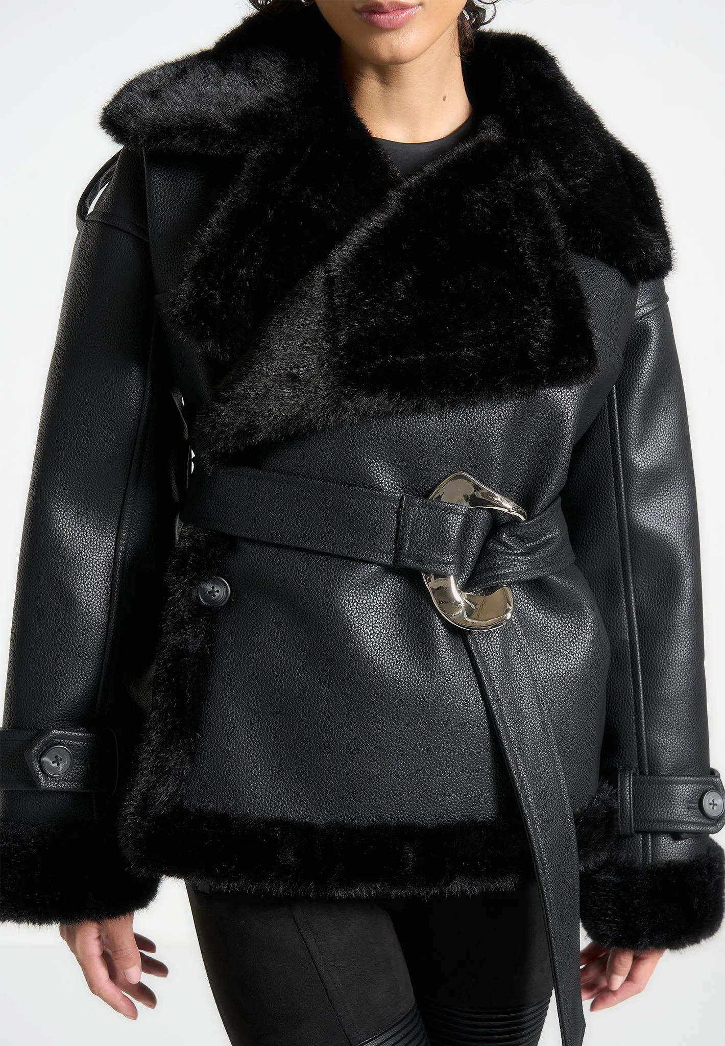 Charlene - Leather and Plush Wrap Belted Jacket - Black sold by Maniere De Voir product image thumbnail 4