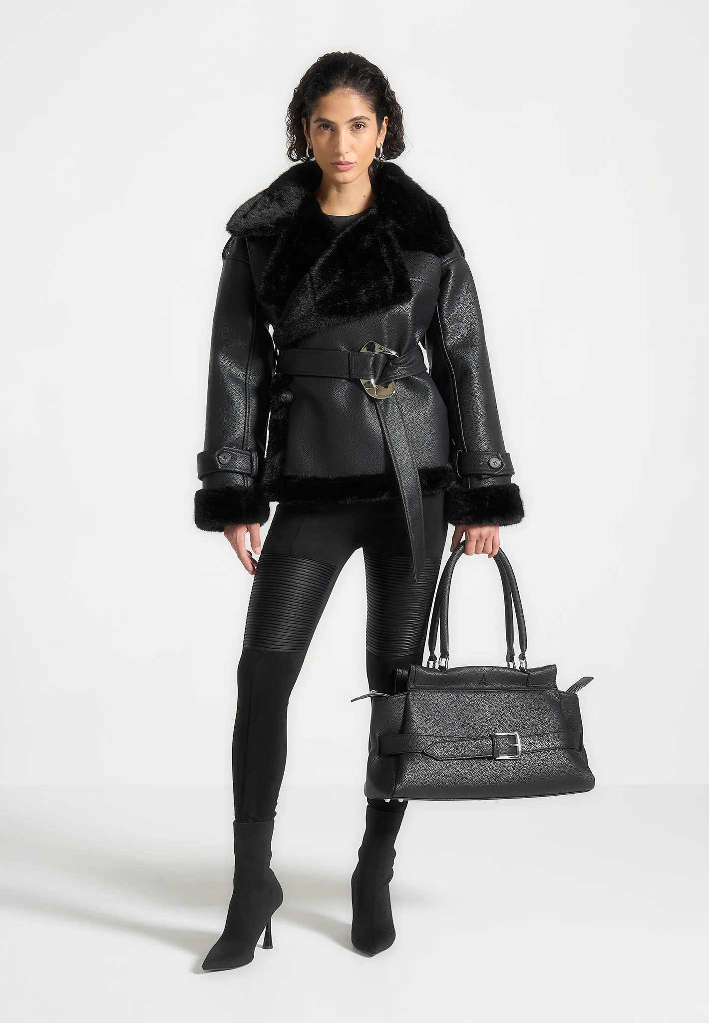 Charlene - Leather and Plush Wrap Belted Jacket - Black sold by Maniere De Voir