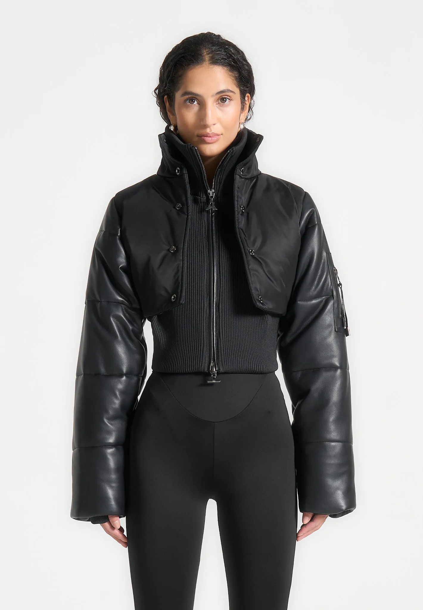 Lysandra - Leather and Nylon Layered Puffer Jacket - Black sold by Maniere De Voir product image thumbnail 4