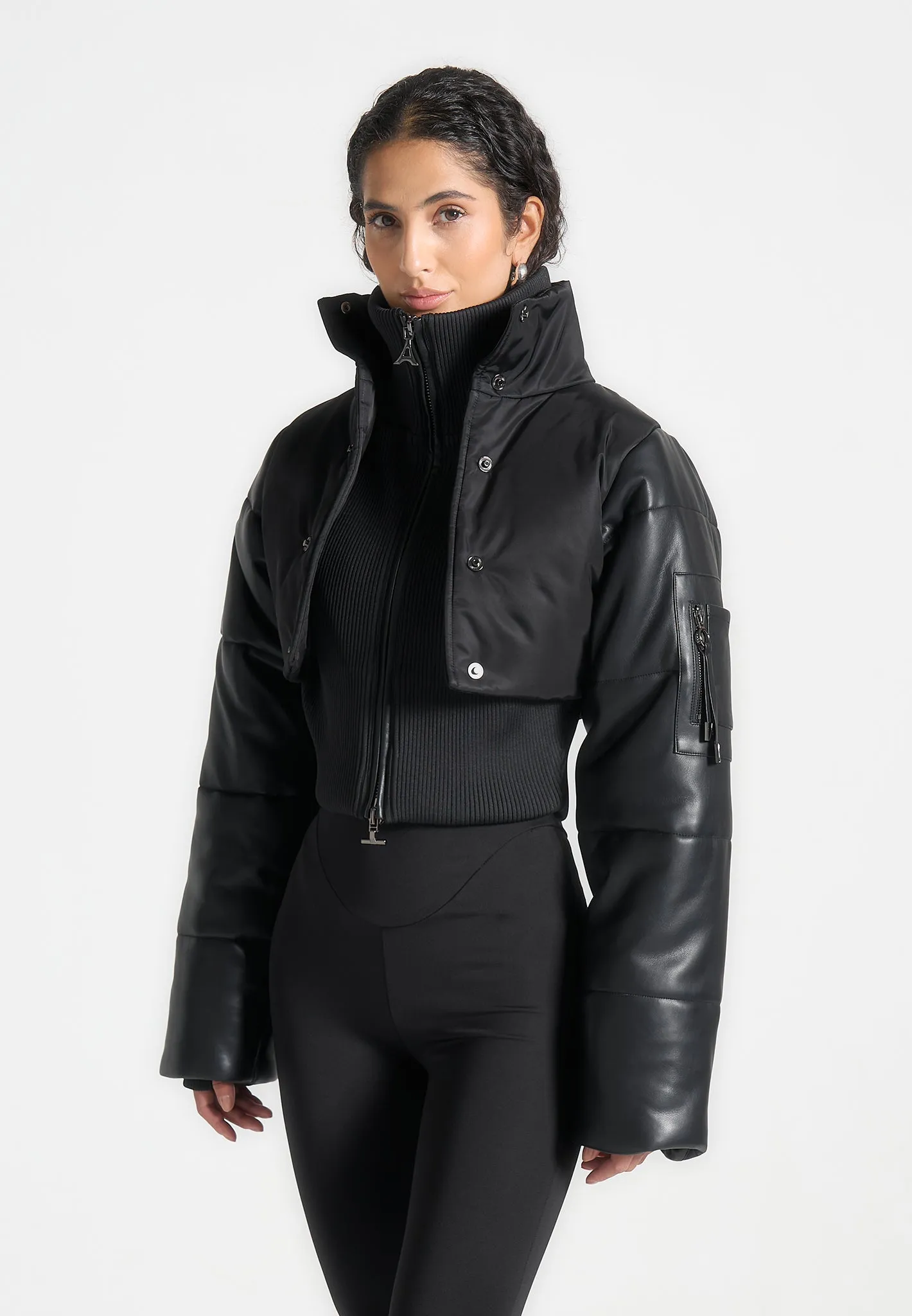 Lysandra - Leather and Nylon Layered Puffer Jacket - Black sold by Maniere De Voir product image thumbnail 2