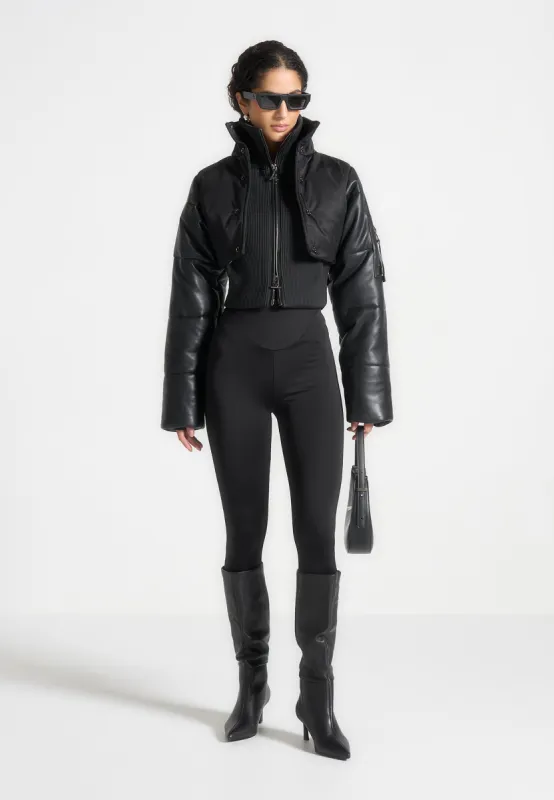 Lysandra - Leather and Nylon Layered Puffer Jacket - Black sold by Maniere De Voir