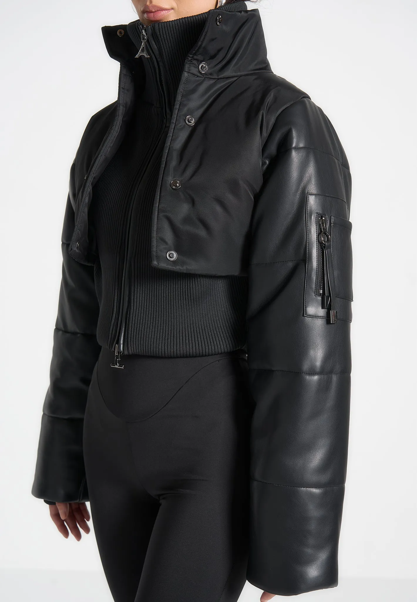 Lysandra - Leather and Nylon Layered Puffer Jacket - Black sold by Maniere De Voir product image thumbnail 3