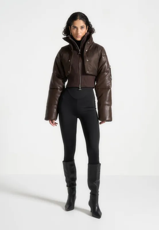 Leather and Nylon Layered Puffer Jacket - Brown sold by Maniere De Voir