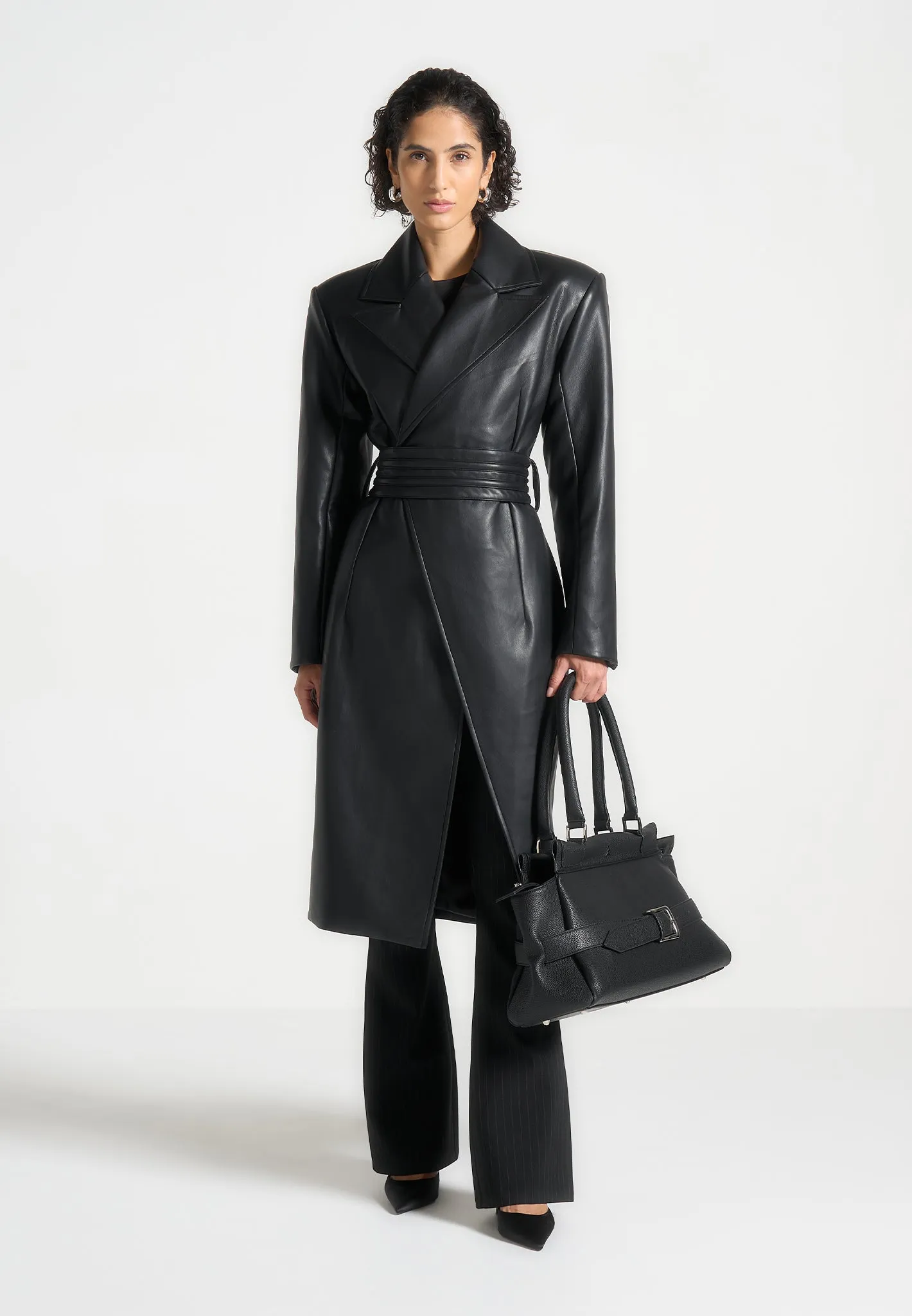 Malya - Leather Asymmetric Belted Coat - Black sold by Maniere De Voir