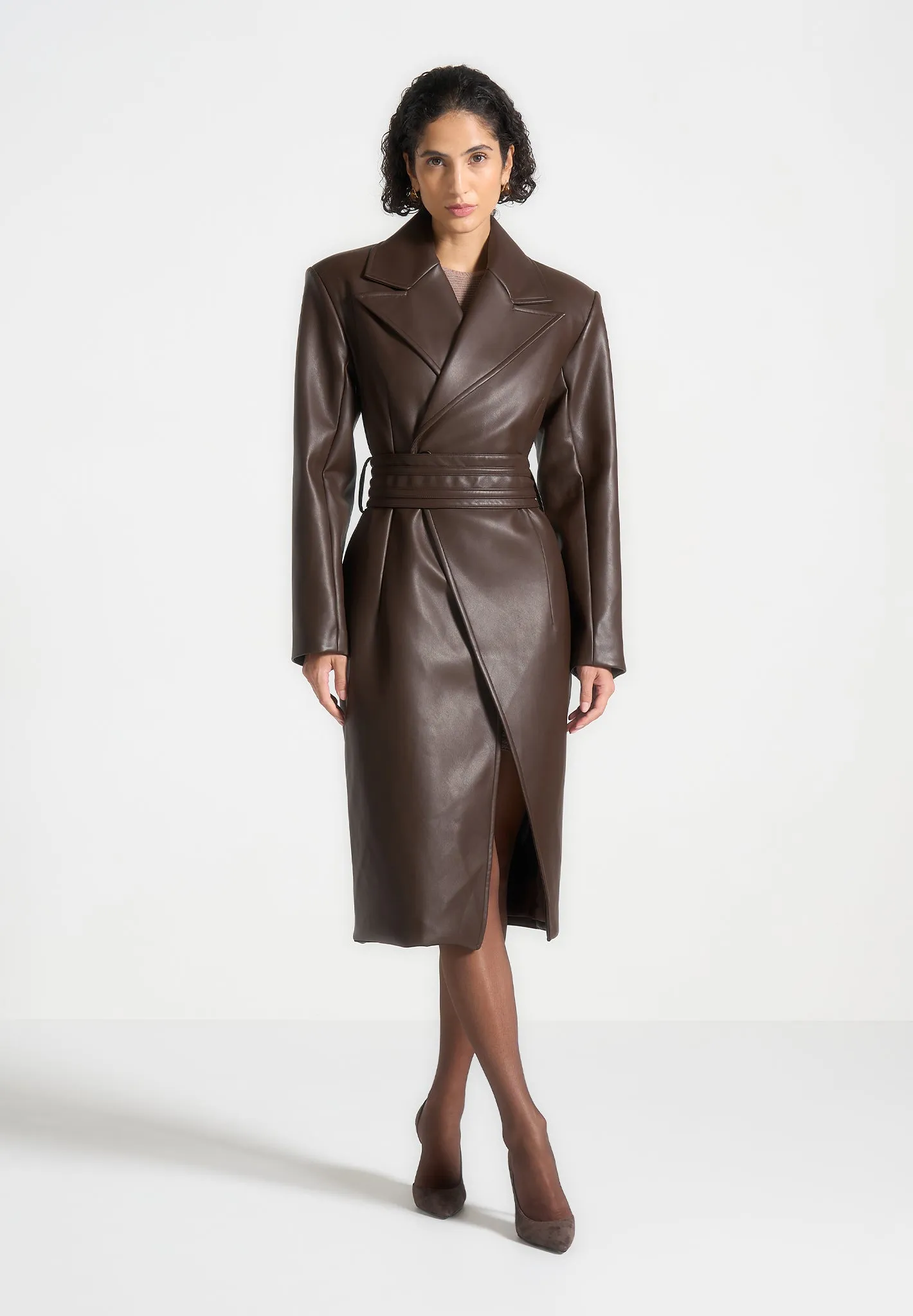 Malya - Leather Asymmetric Belted Coat - Brown sold by Maniere De Voir