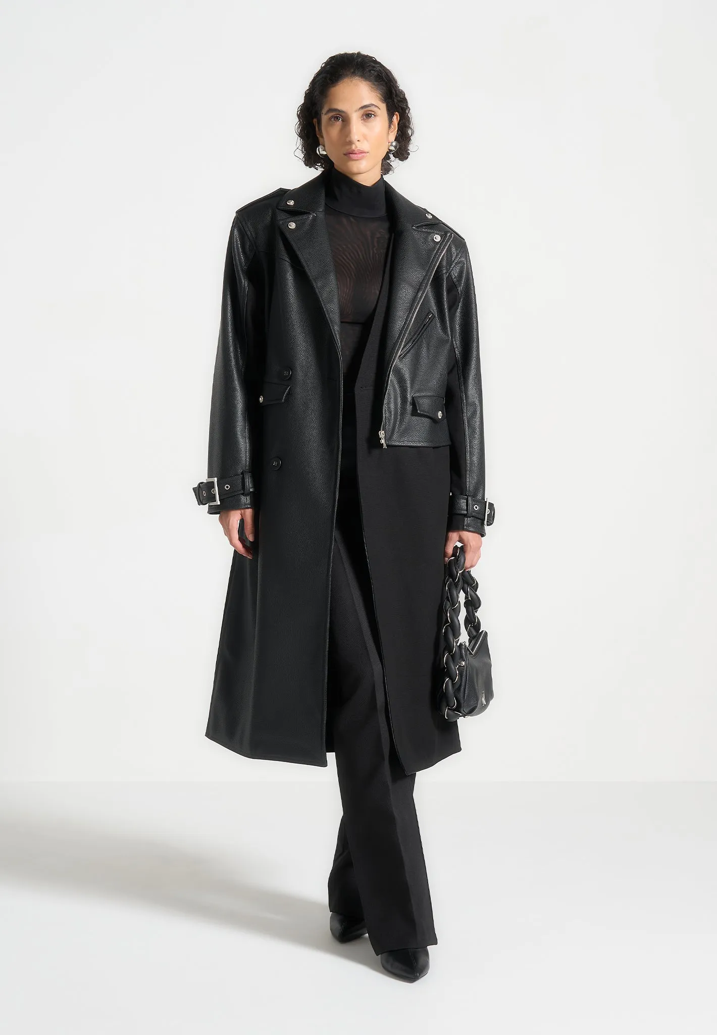 Leather Biker Trench Coat - Black sold by Maniere De Voir product image thumbnail 3