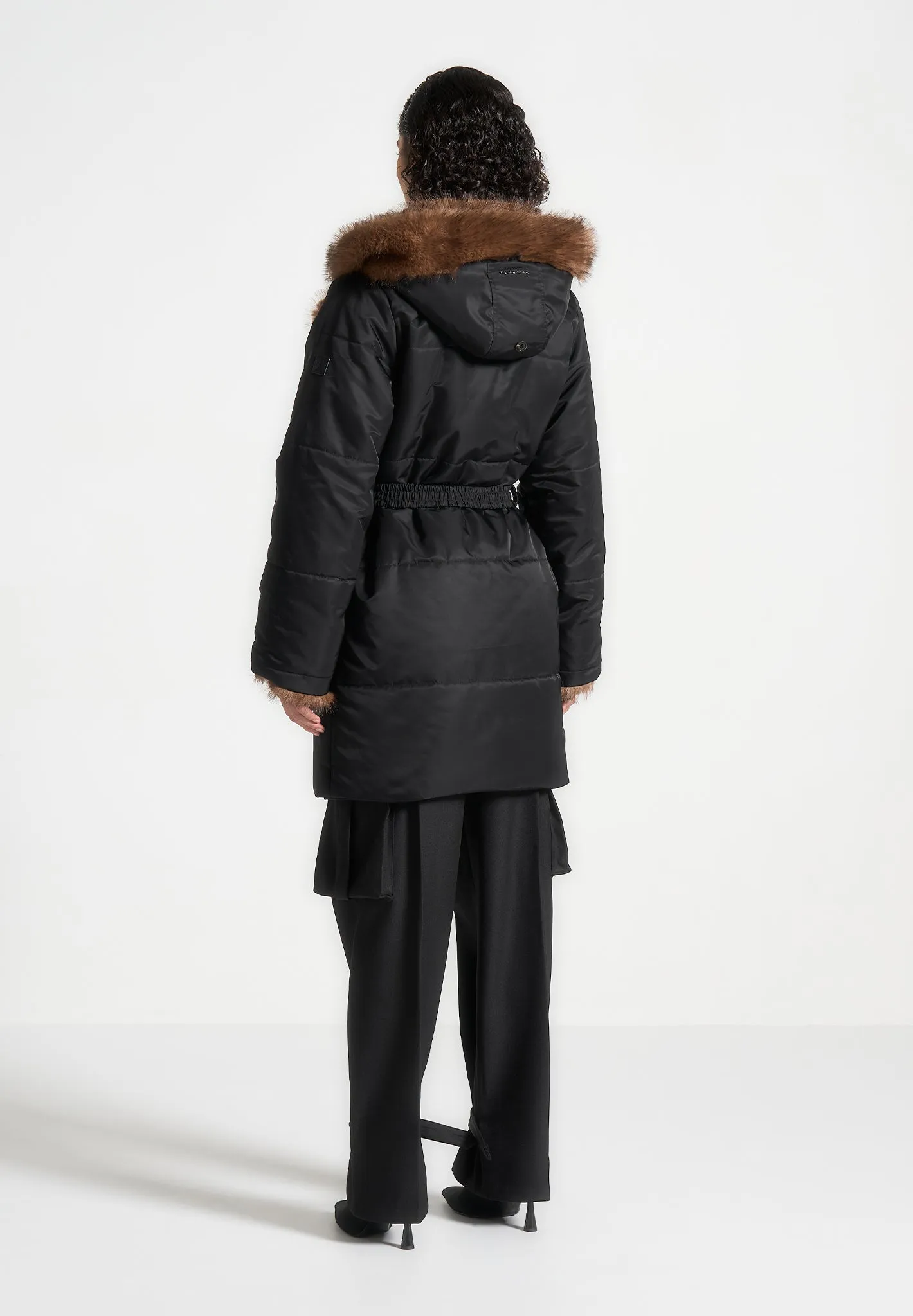 Fur Longline Belted Coat - Black sold by Maniere De Voir product image thumbnail 5