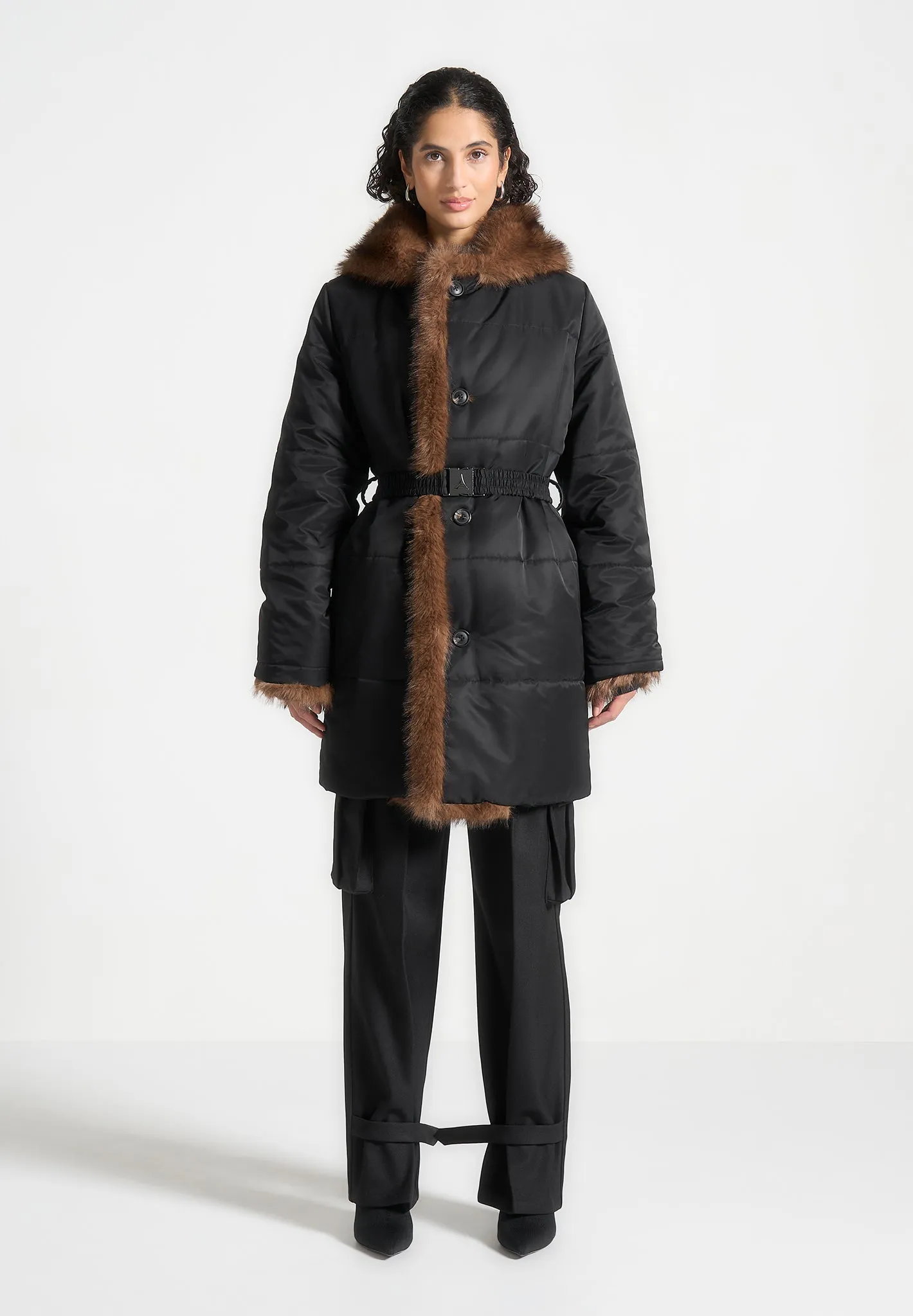 Fur Longline Belted Coat - Black sold by Maniere De Voir product image thumbnail 4