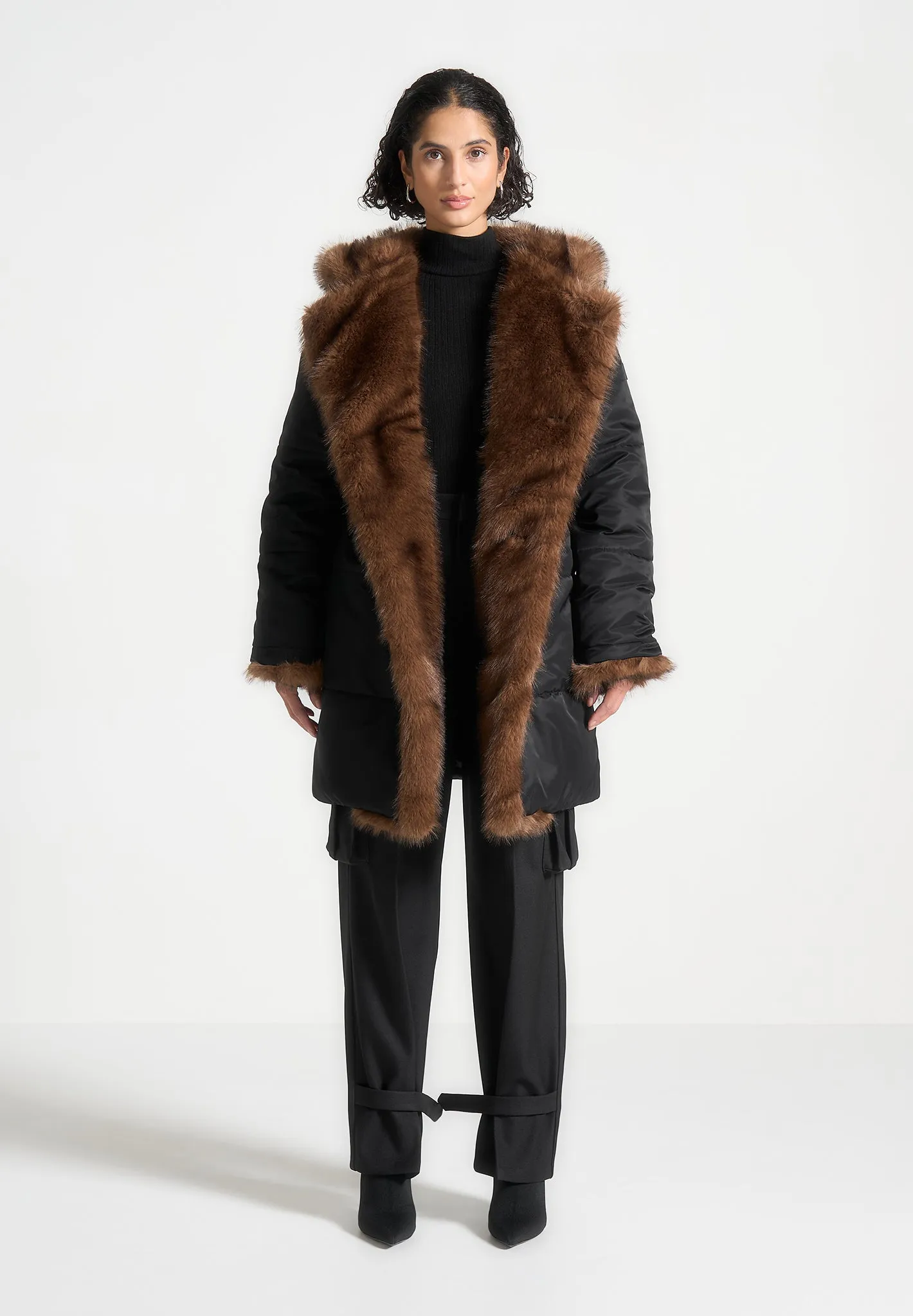 Fur Longline Belted Coat - Black sold by Maniere De Voir product image thumbnail 2