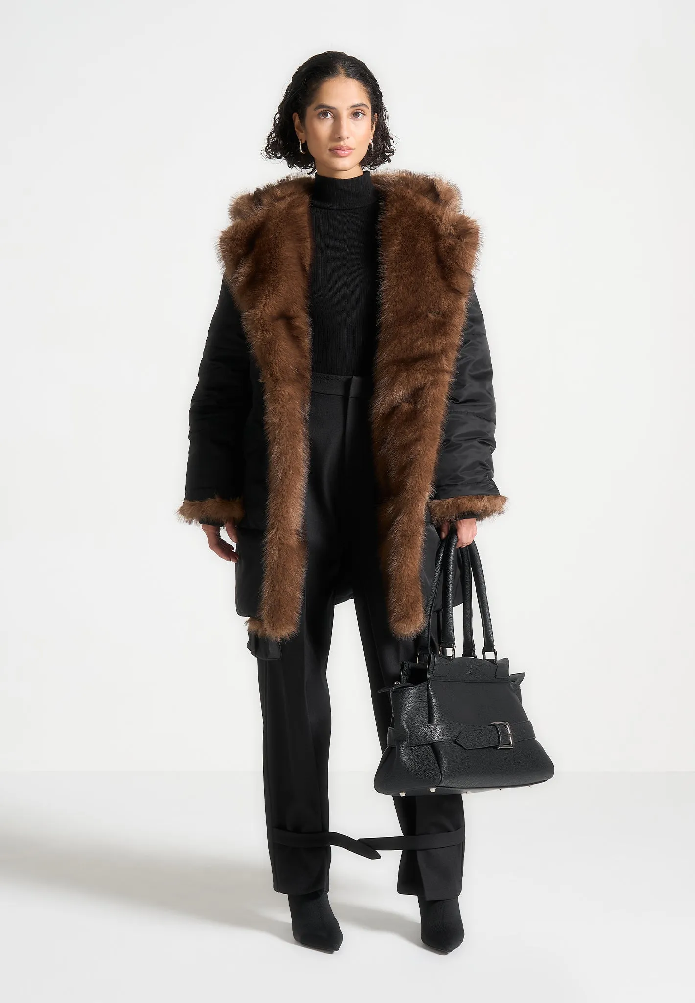 Fur Longline Belted Coat - Black sold by Maniere De Voir product image thumbnail 3