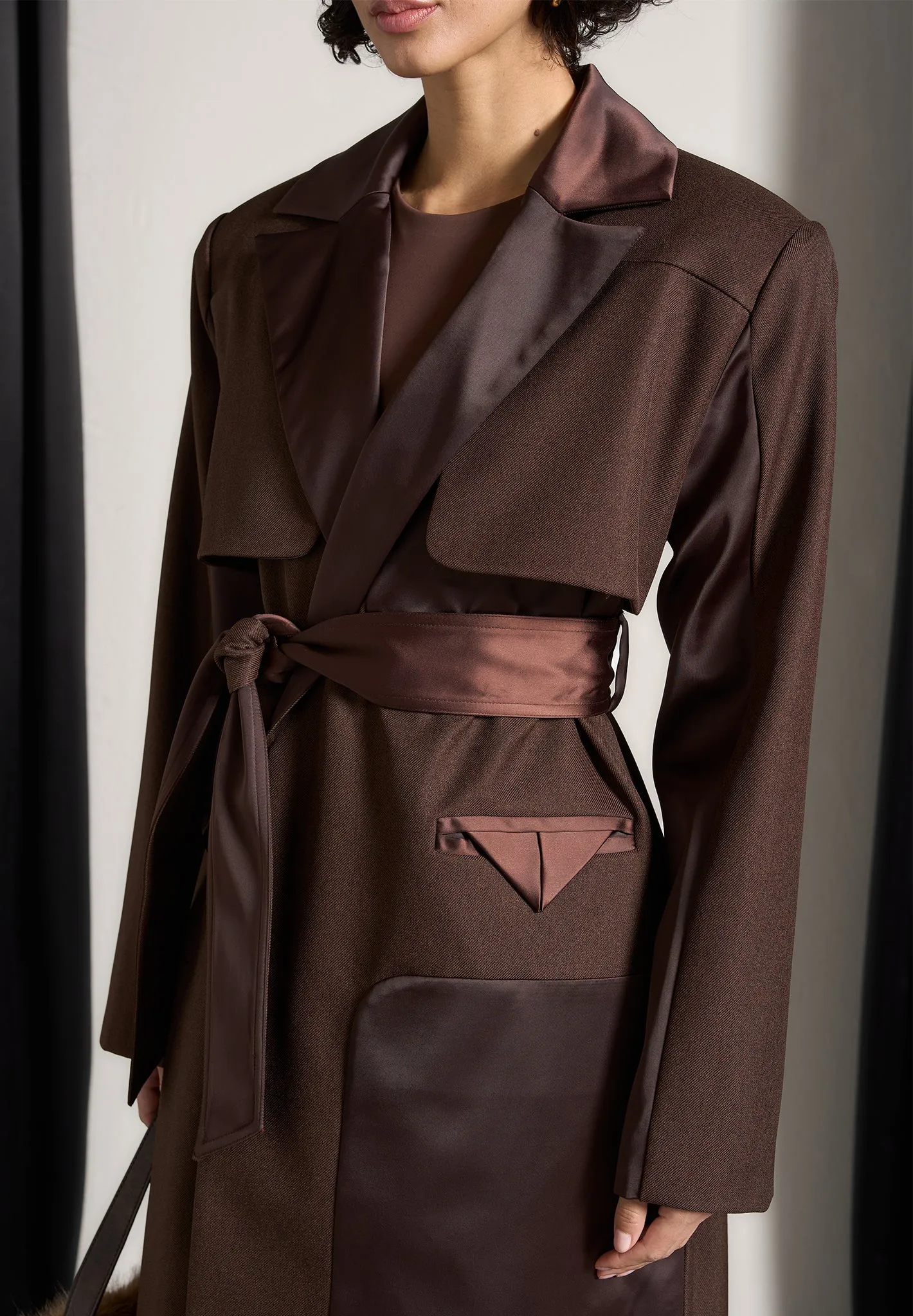 Tailored Satin Trench Coat - Brown sold by Maniere De Voir product image thumbnail 2