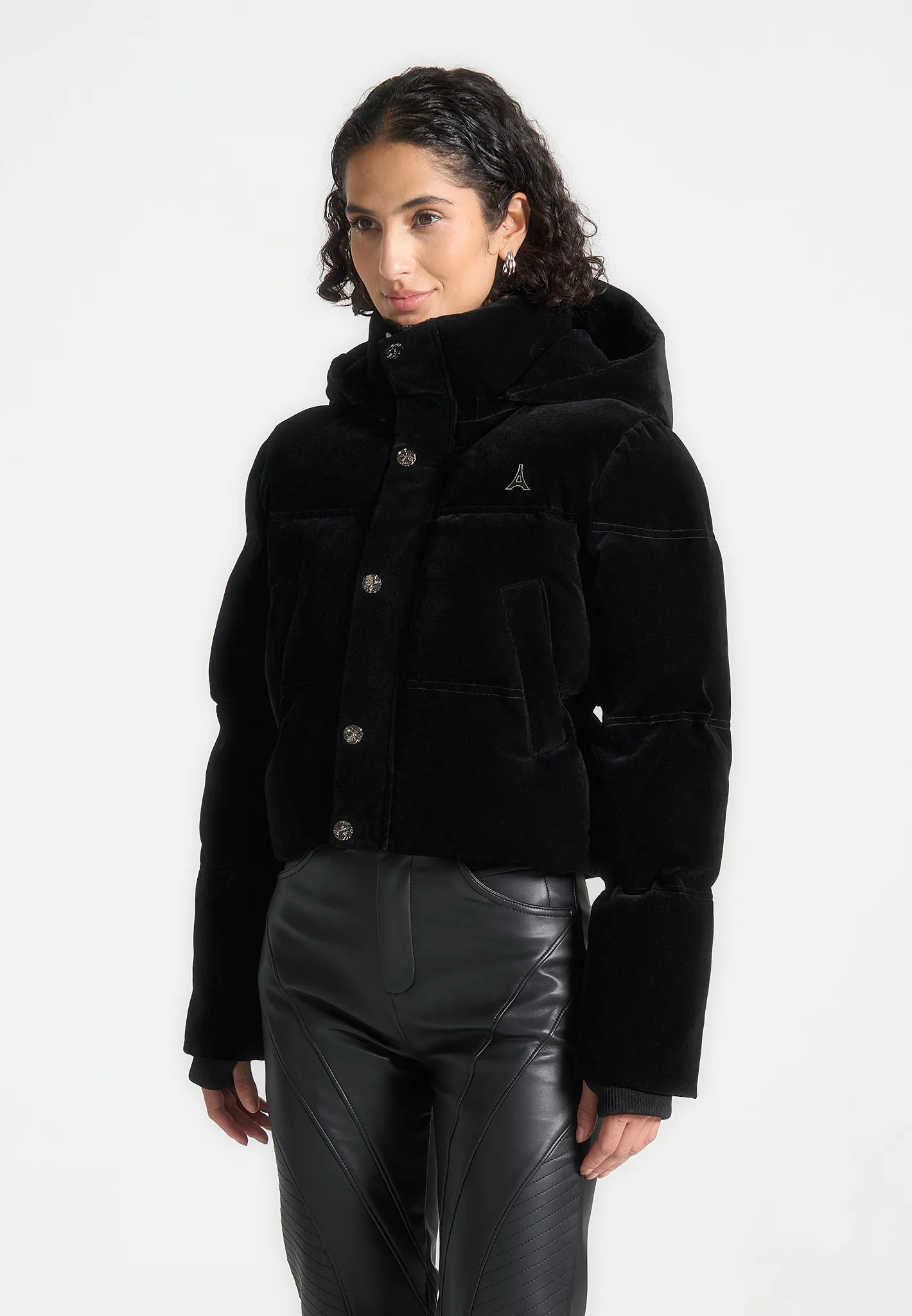 Velvet Eiffel Cropped Puffer Jacket - Black sold by Maniere De Voir product image thumbnail 4