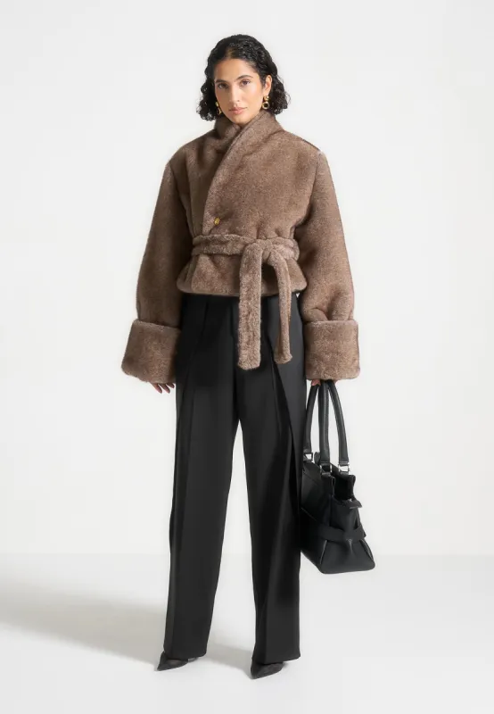 Albane - Fur Kimono Tie Jacket - Brown sold by Maniere De Voir
