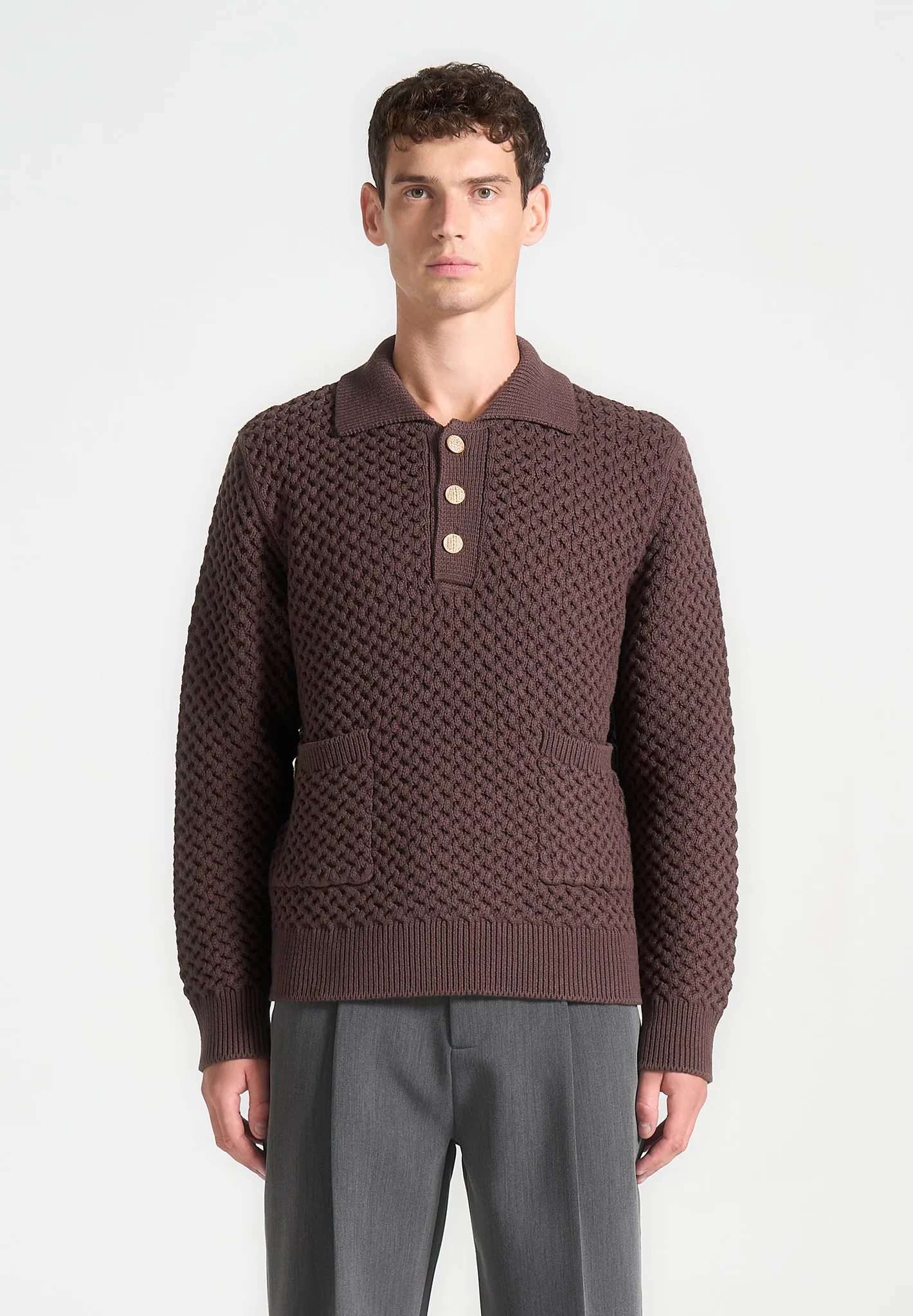 Waffle Knit Polo Jumper - Brown sold by Maniere De Voir product image thumbnail 4