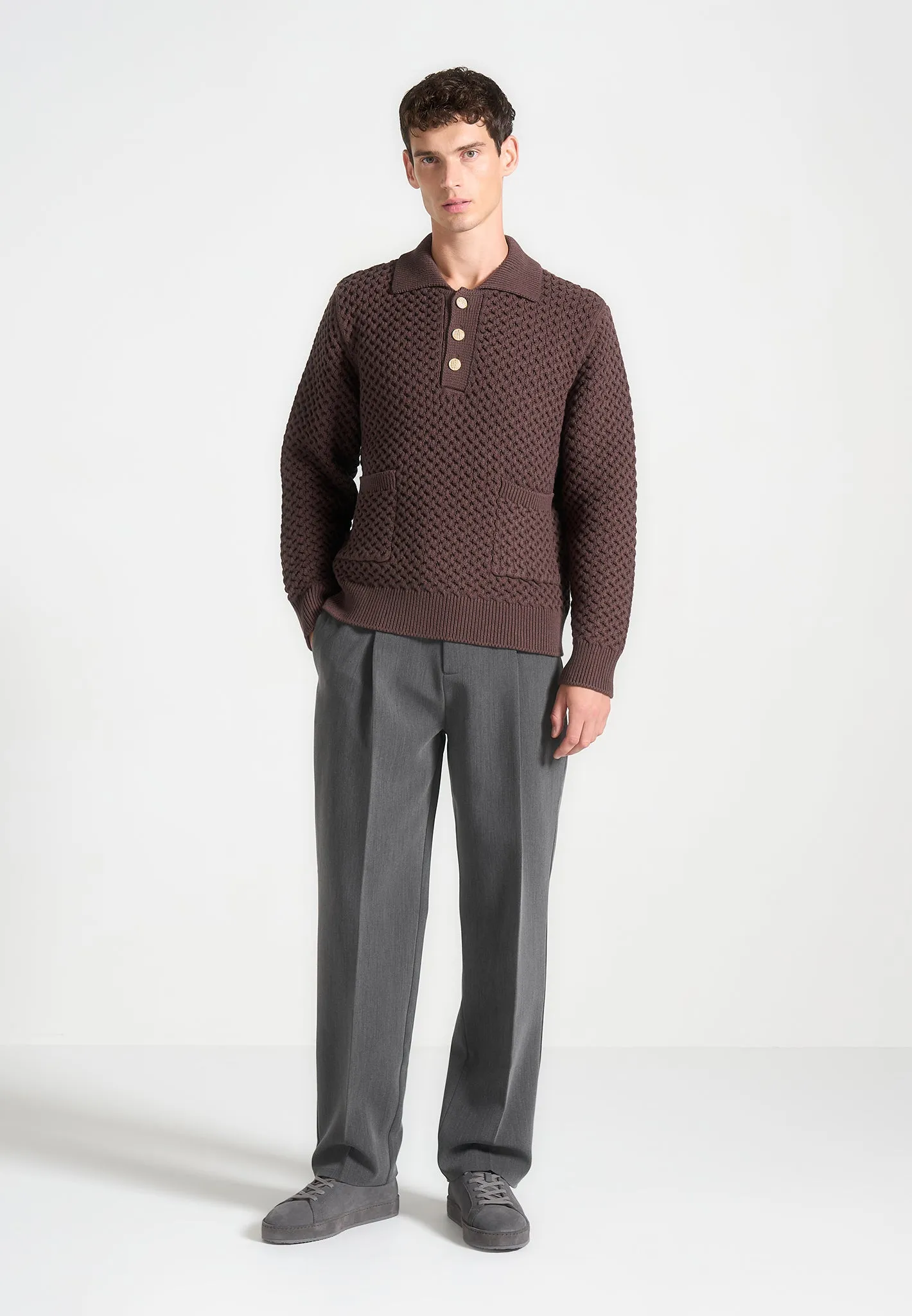 Waffle Knit Polo Jumper - Brown sold by Maniere De Voir product image thumbnail 2