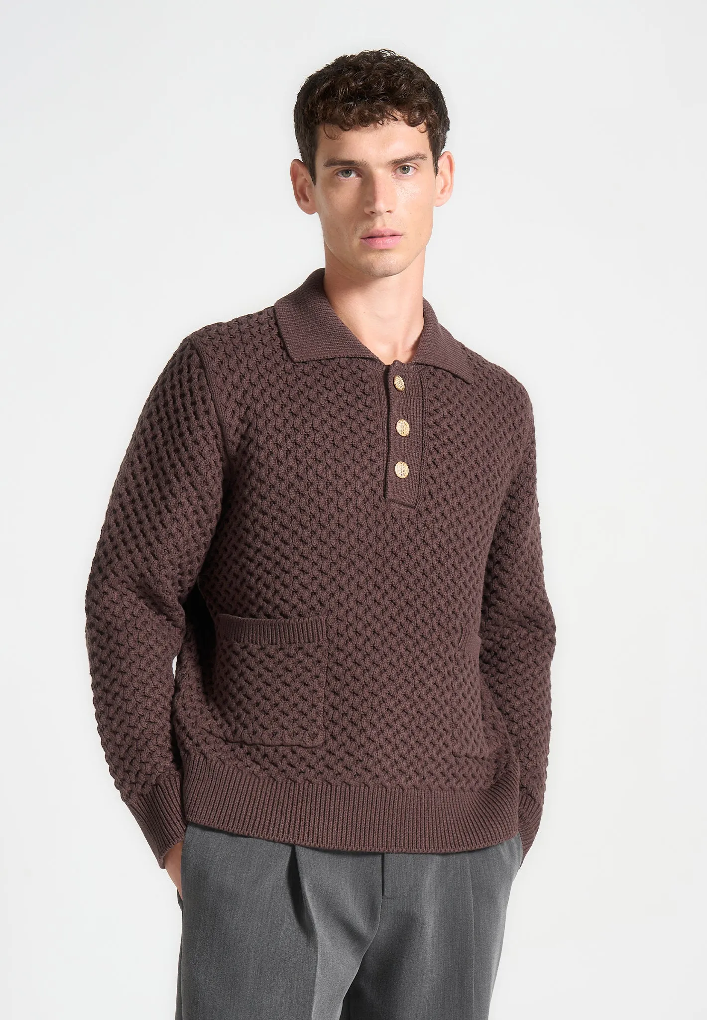 Waffle Knit Polo Jumper - Brown sold by Maniere De Voir