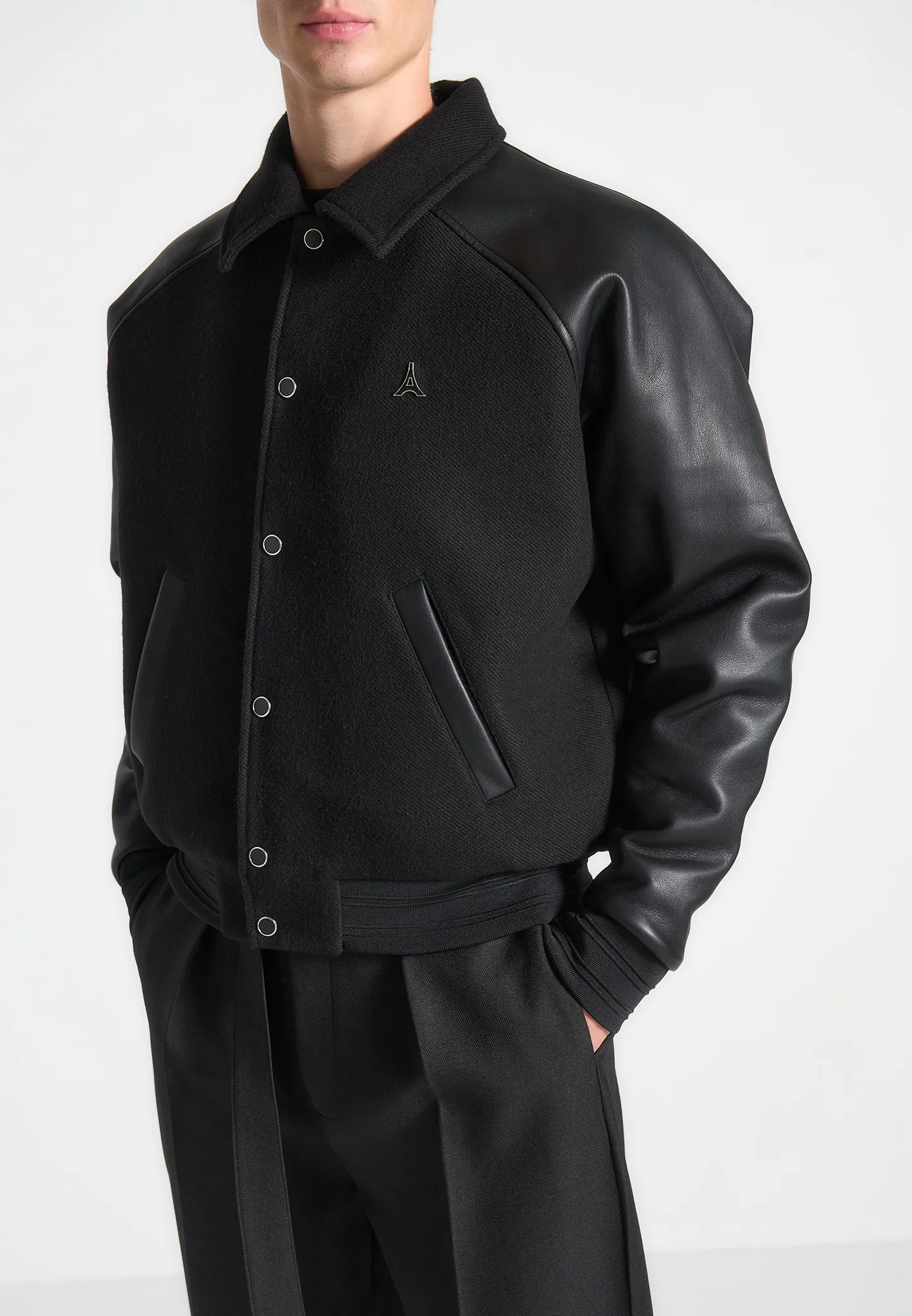 Olivier - Leather Raglan Varsity Jacket - Black sold by Maniere De Voir product image thumbnail 4