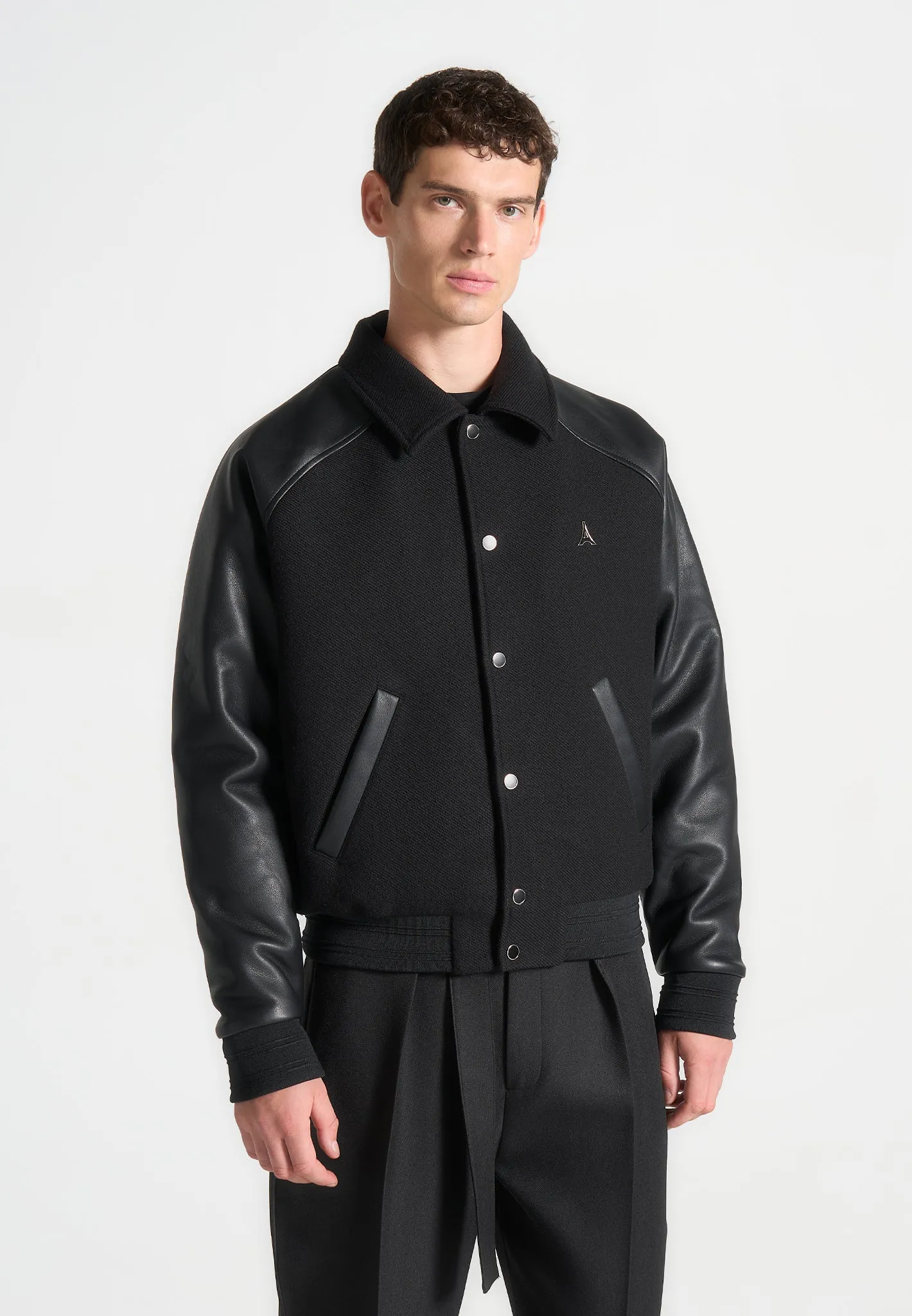 Olivier - Leather Raglan Varsity Jacket - Black sold by Maniere De Voir